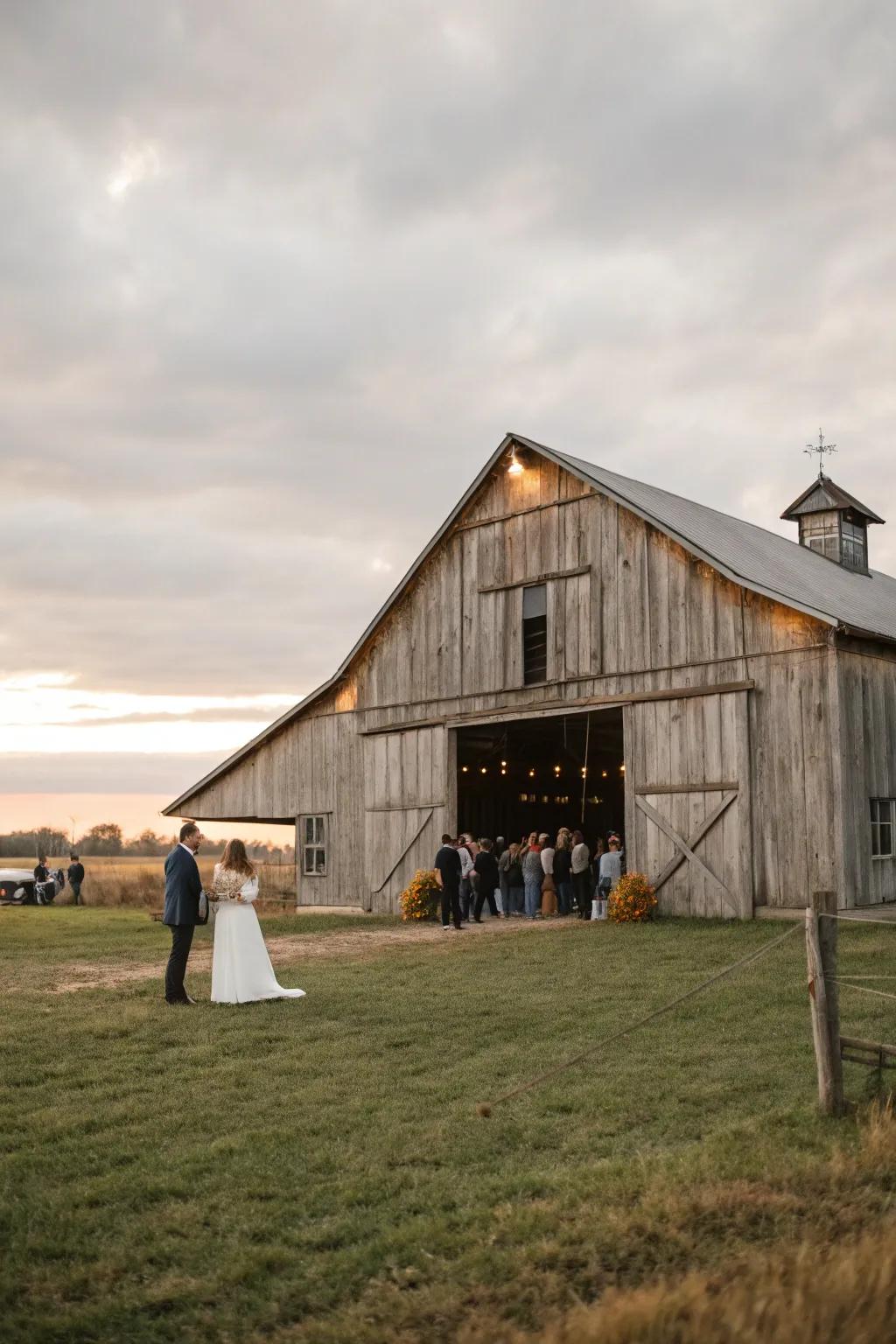 A rustic barn wedding with an open field setting