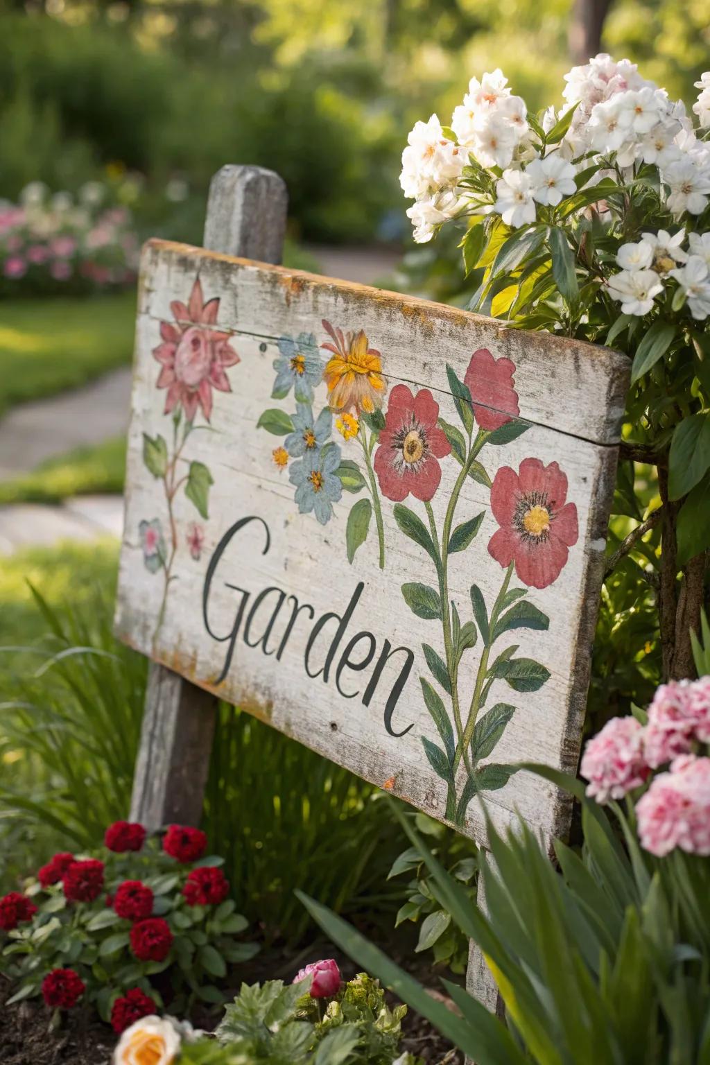 A garden sign adorned with painted flowers, blending seamlessly with the surrounding blossoms.