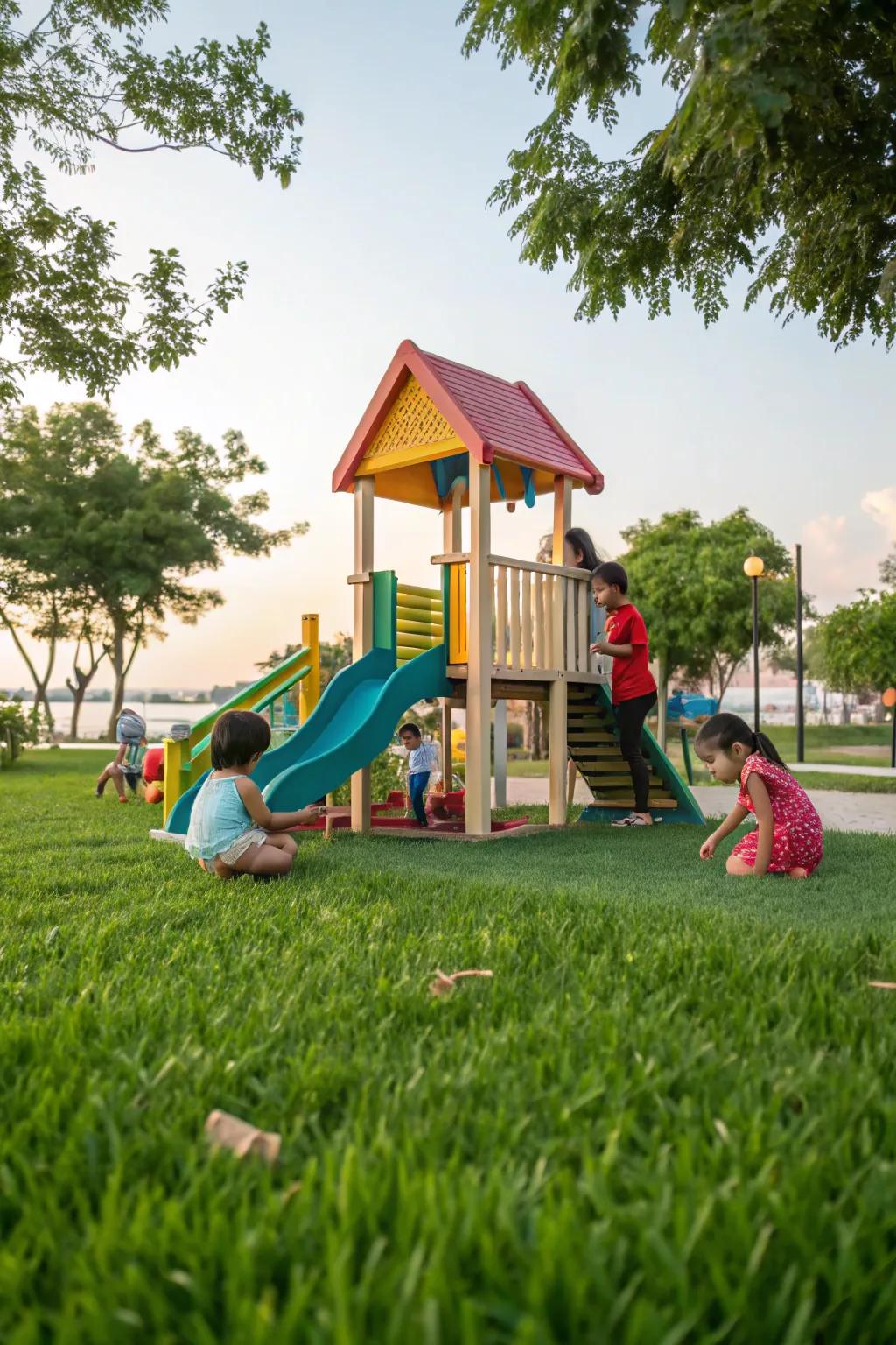 Grass turf maintains a natural aesthetic under a playset.