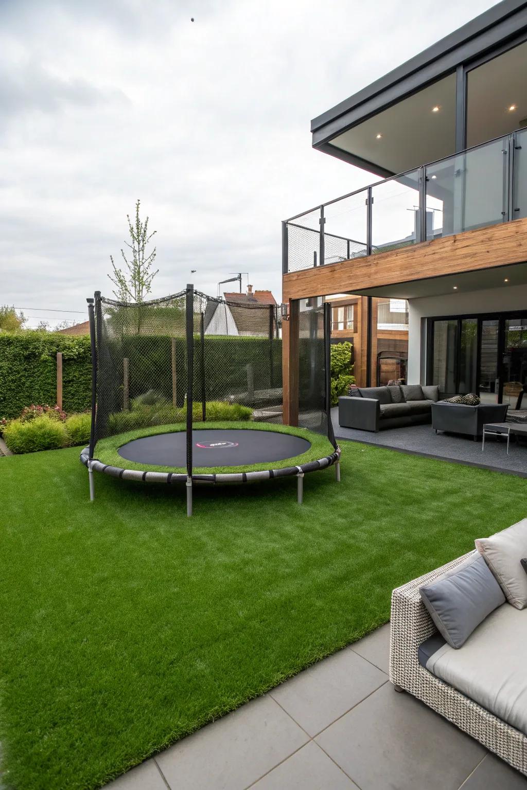 Artificial grass keeps the trampoline area lush and low-maintenance.