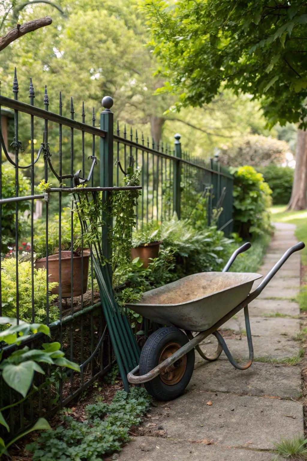 Utilize your fence for wheelbarrow storage to free up garden space.