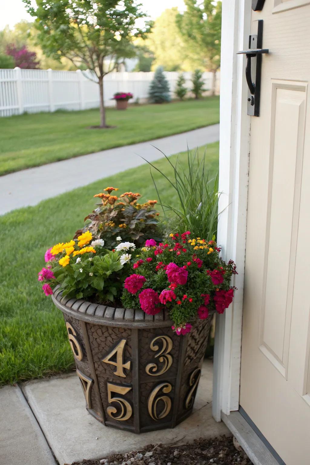 House numbers integrated into a decorative planter.