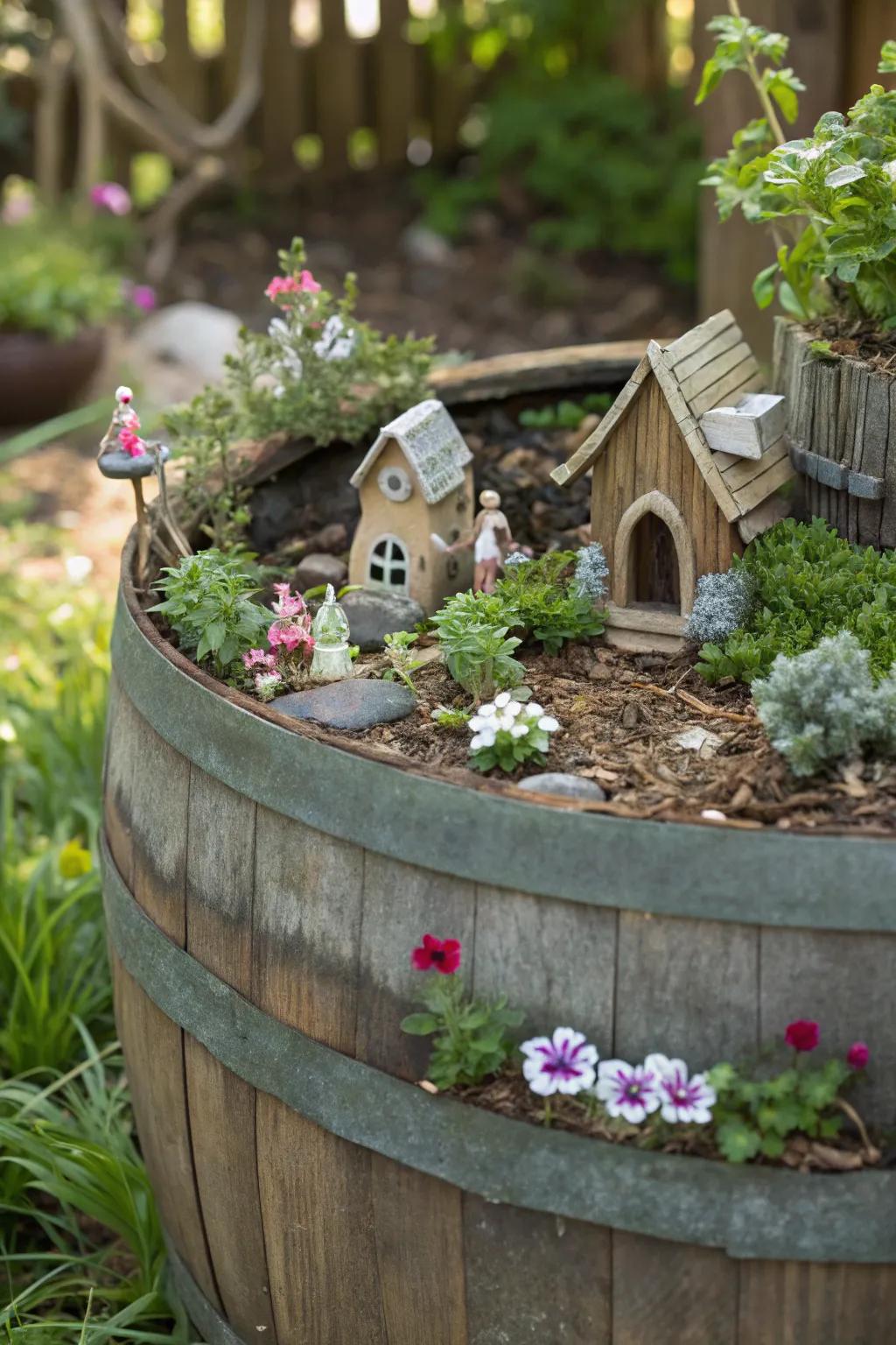 Bring a touch of magic with a fairy garden in a whiskey barrel.