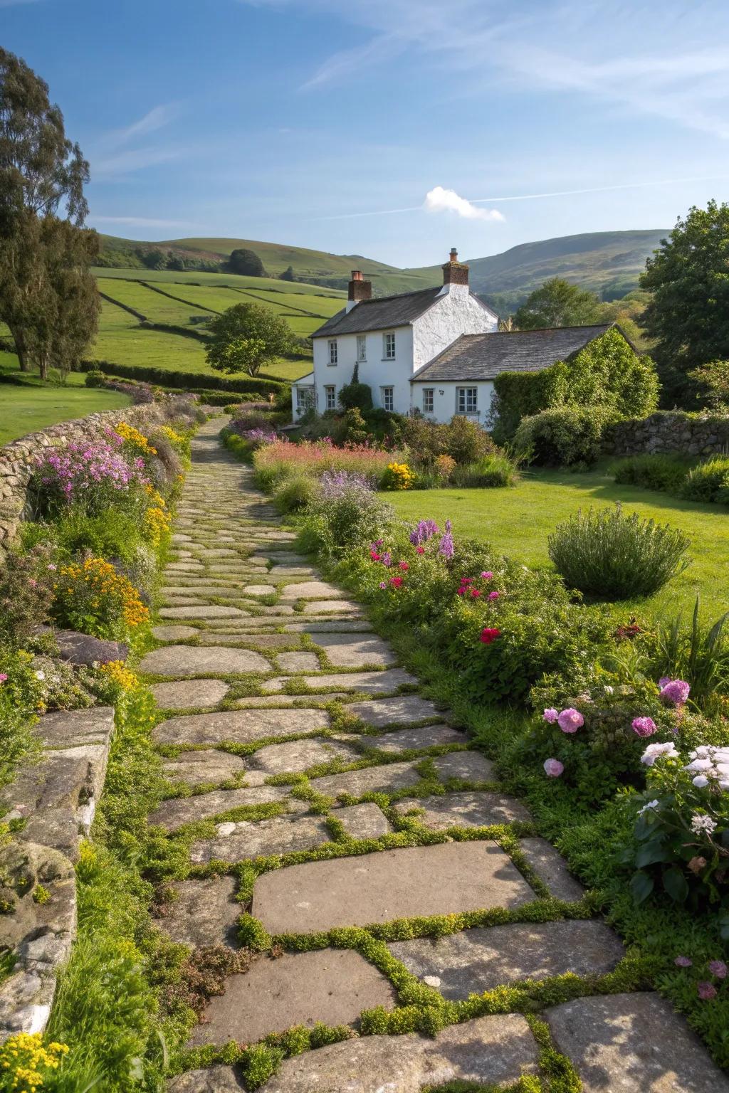 A stone pathway meandering through a garden towards a white farmhouse.