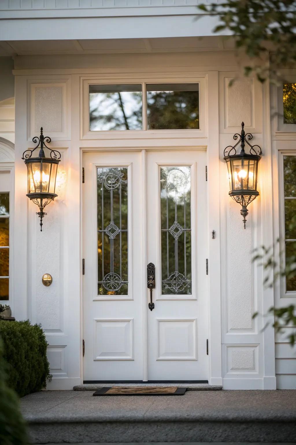 Warm decorative lighting enhances a white door.