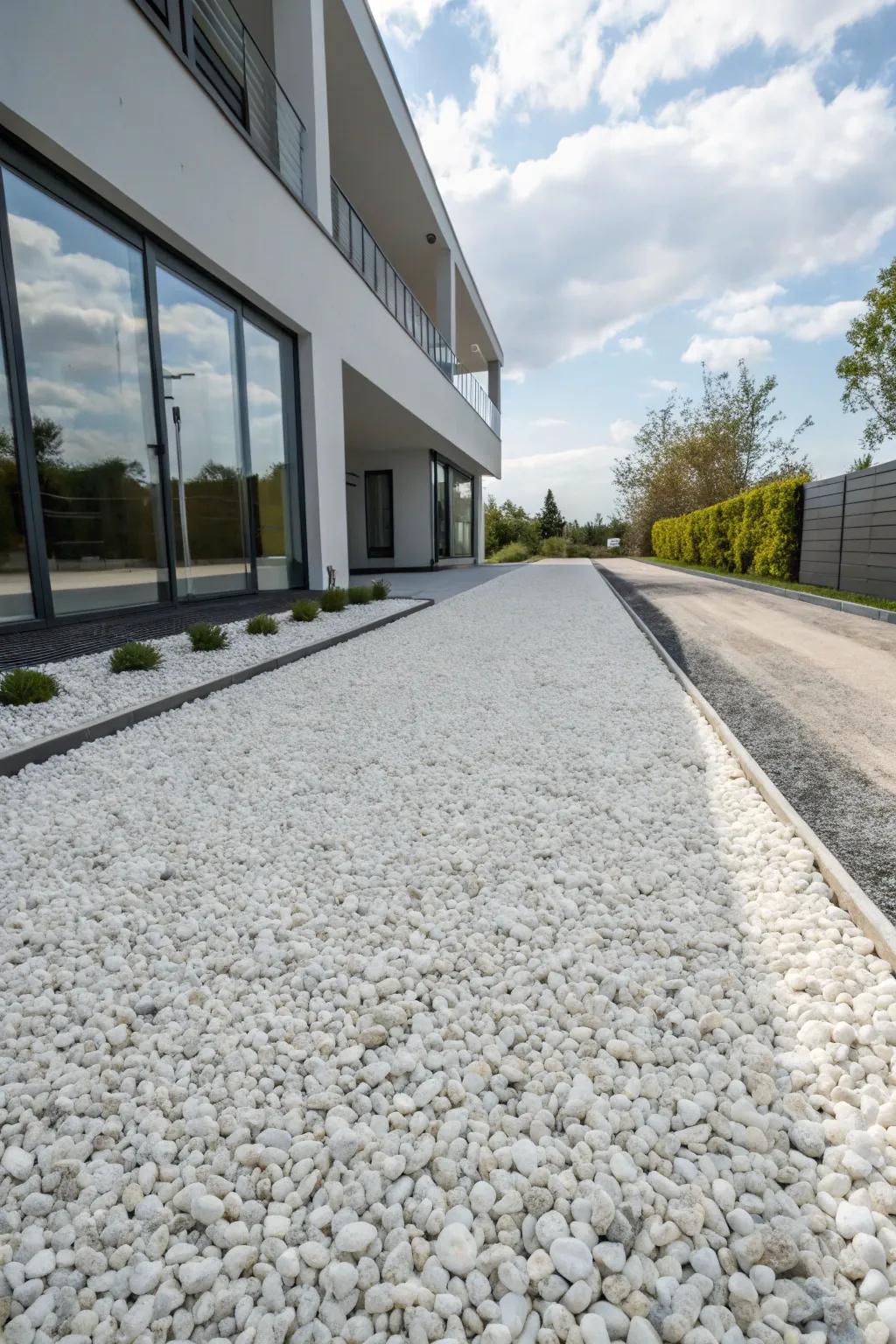 Minimalist white pea gravel driveway.