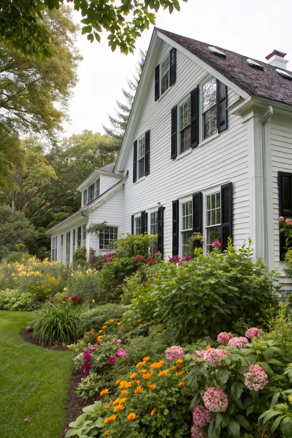 A white home with striking black trim, creating a bold and modern appearance.