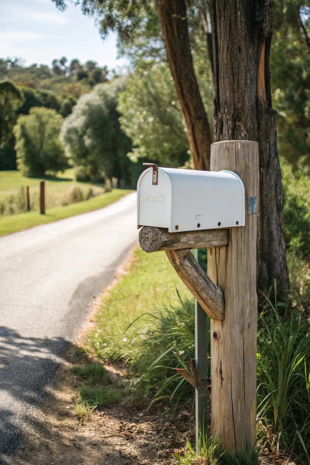 Rustic charm with a white mailbox on a wooden post blends beautifully with nature.