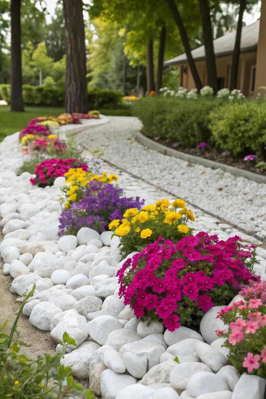 Enhance your flower beds with the elegance of white marble rocks.