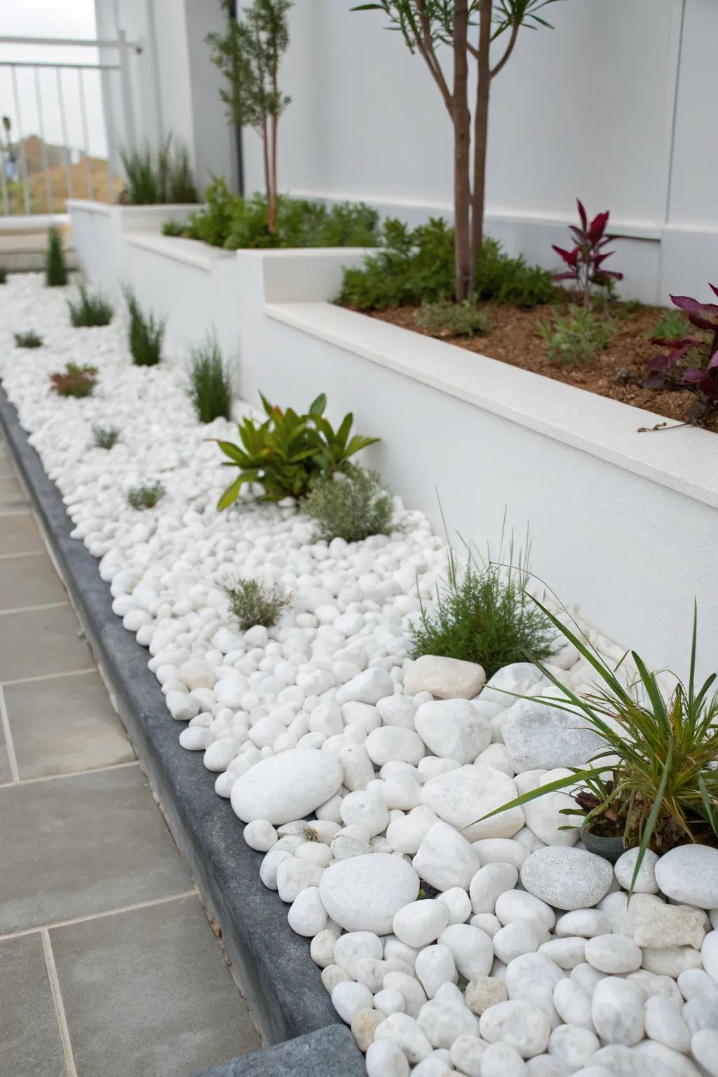 A minimalist flower bed with white rocks offering a modern appeal.