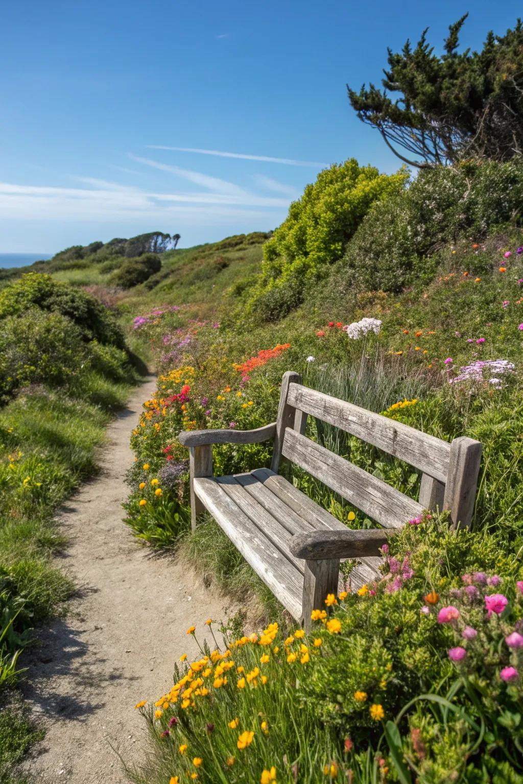 A cozy wooden bench nestled in the wild garden.