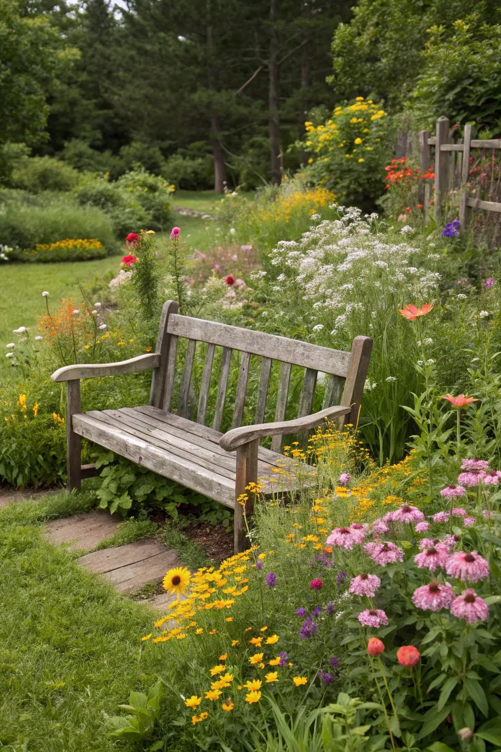 A cozy bench surrounded by vibrant wildflowers.
