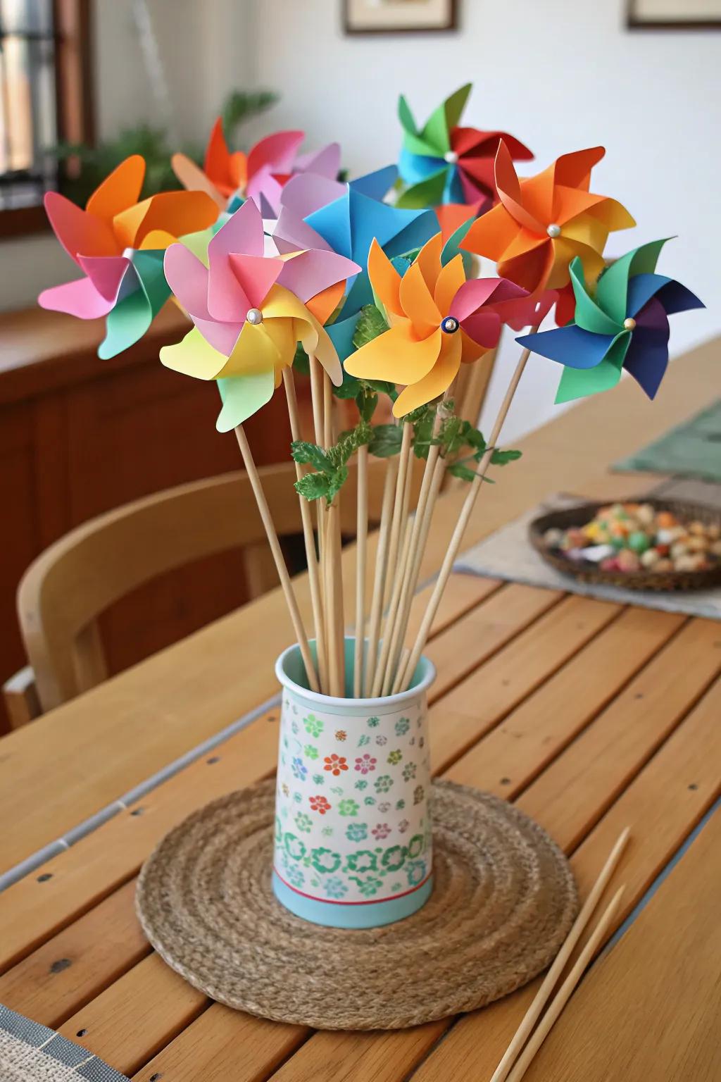Vibrant paper windmills add a playful touch.