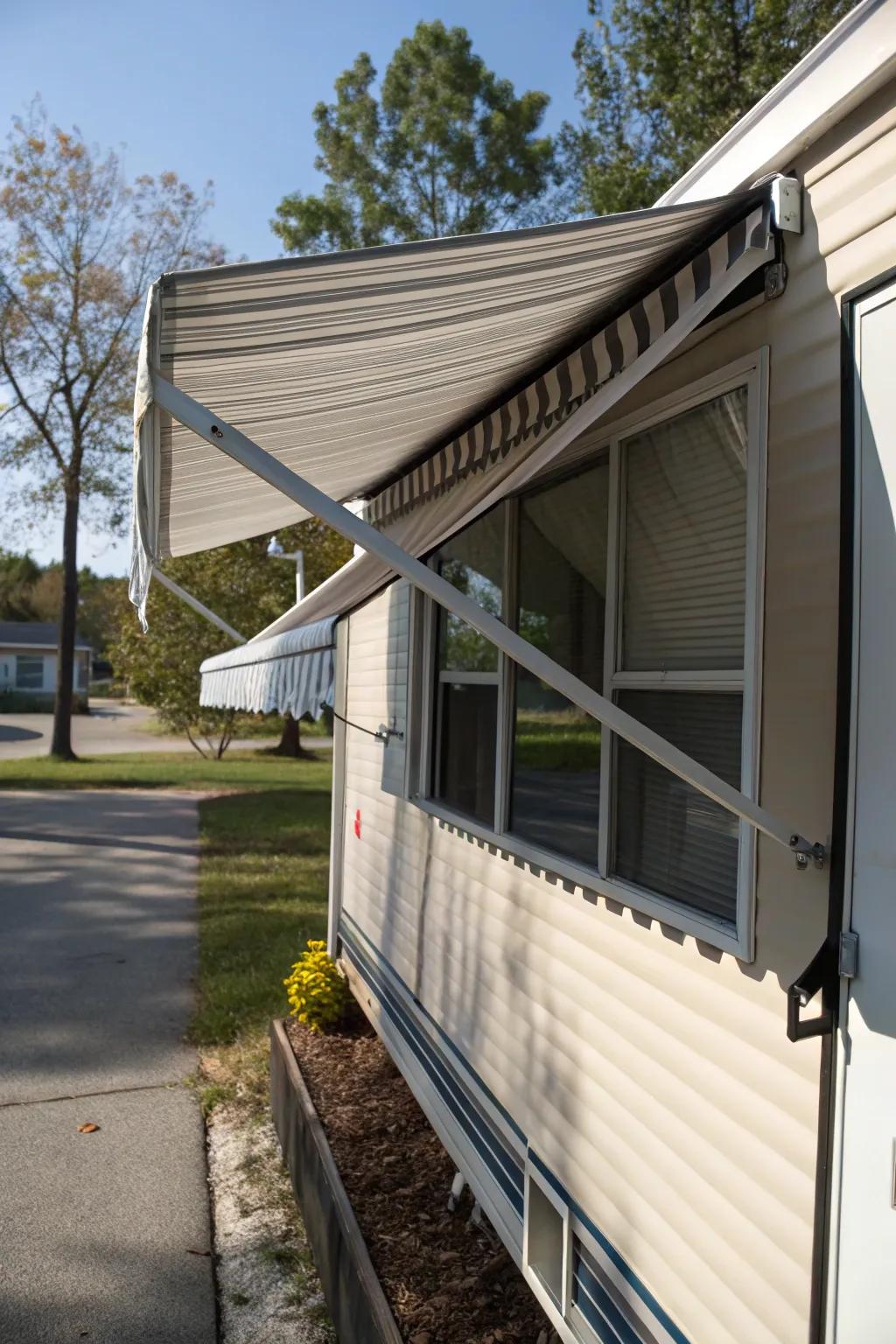 A retractable awning providing adjustable shade for a mobile home.