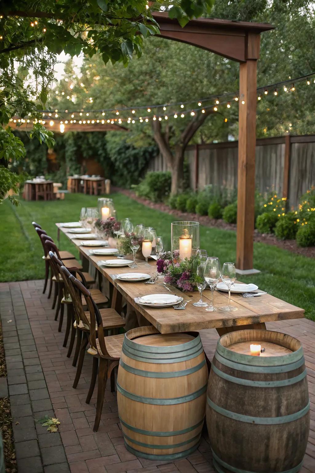 Create a rustic dining experience with a double barrel table.