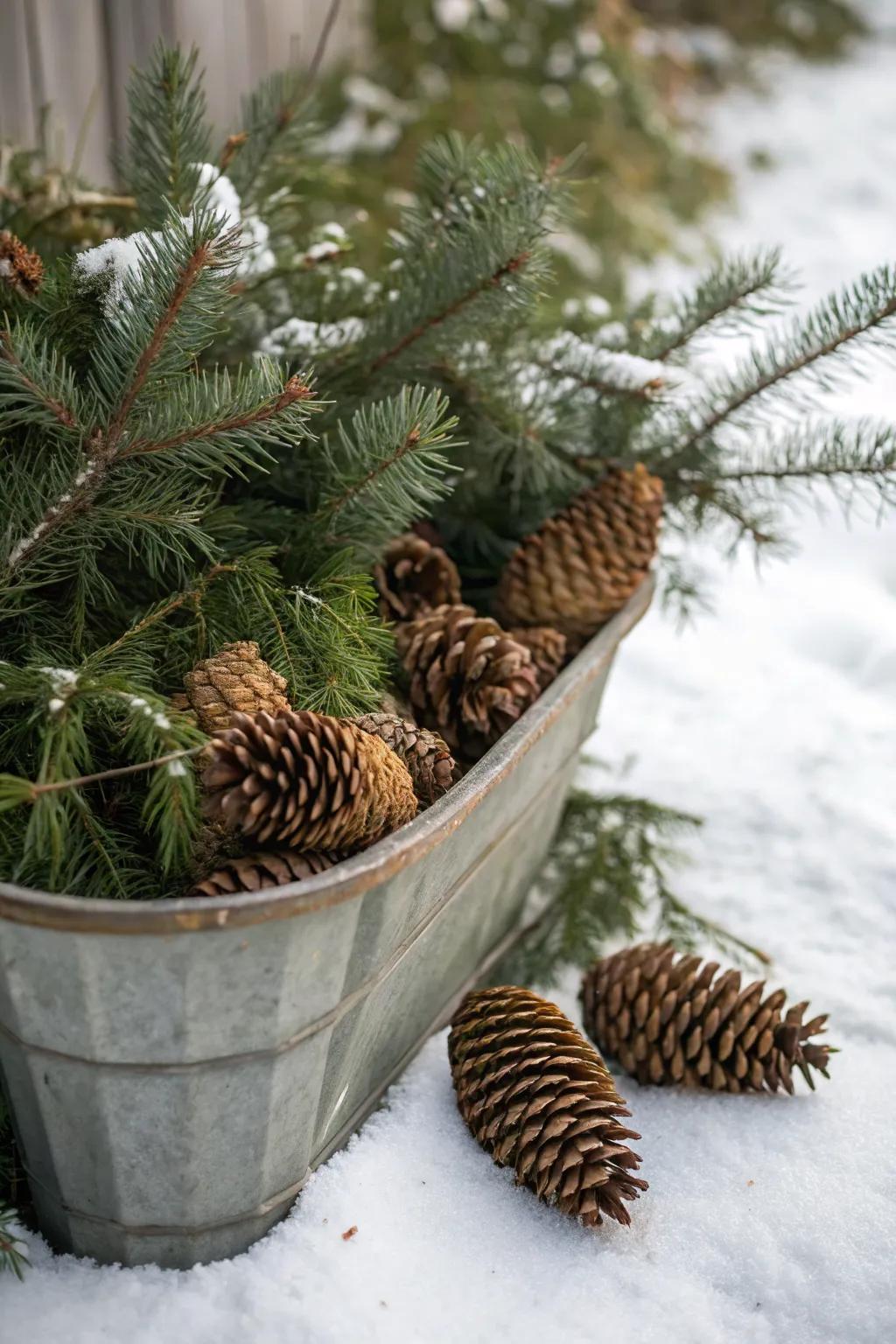 Pinecones bring rustic charm to winter containers