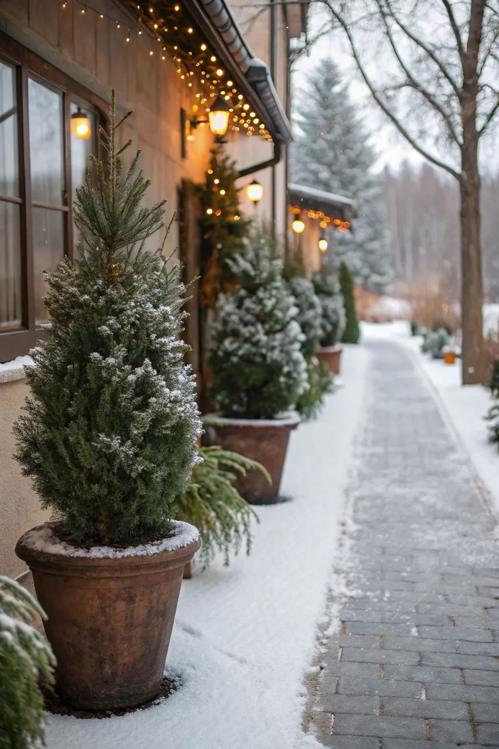 Evergreen pots lining a path, bringing life to the winter landscape.
