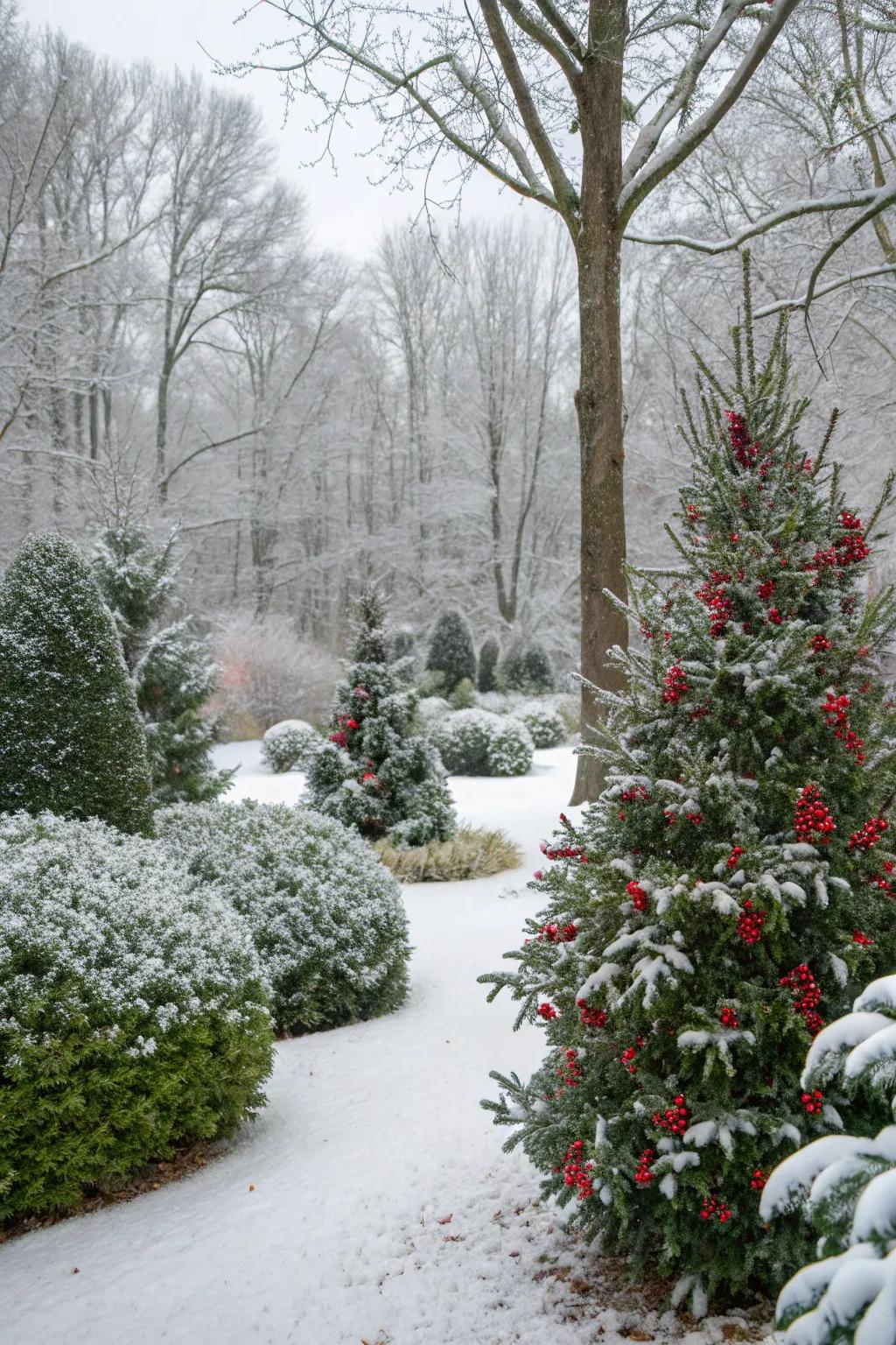 Evergreens and holly thrive amidst the winter chill.