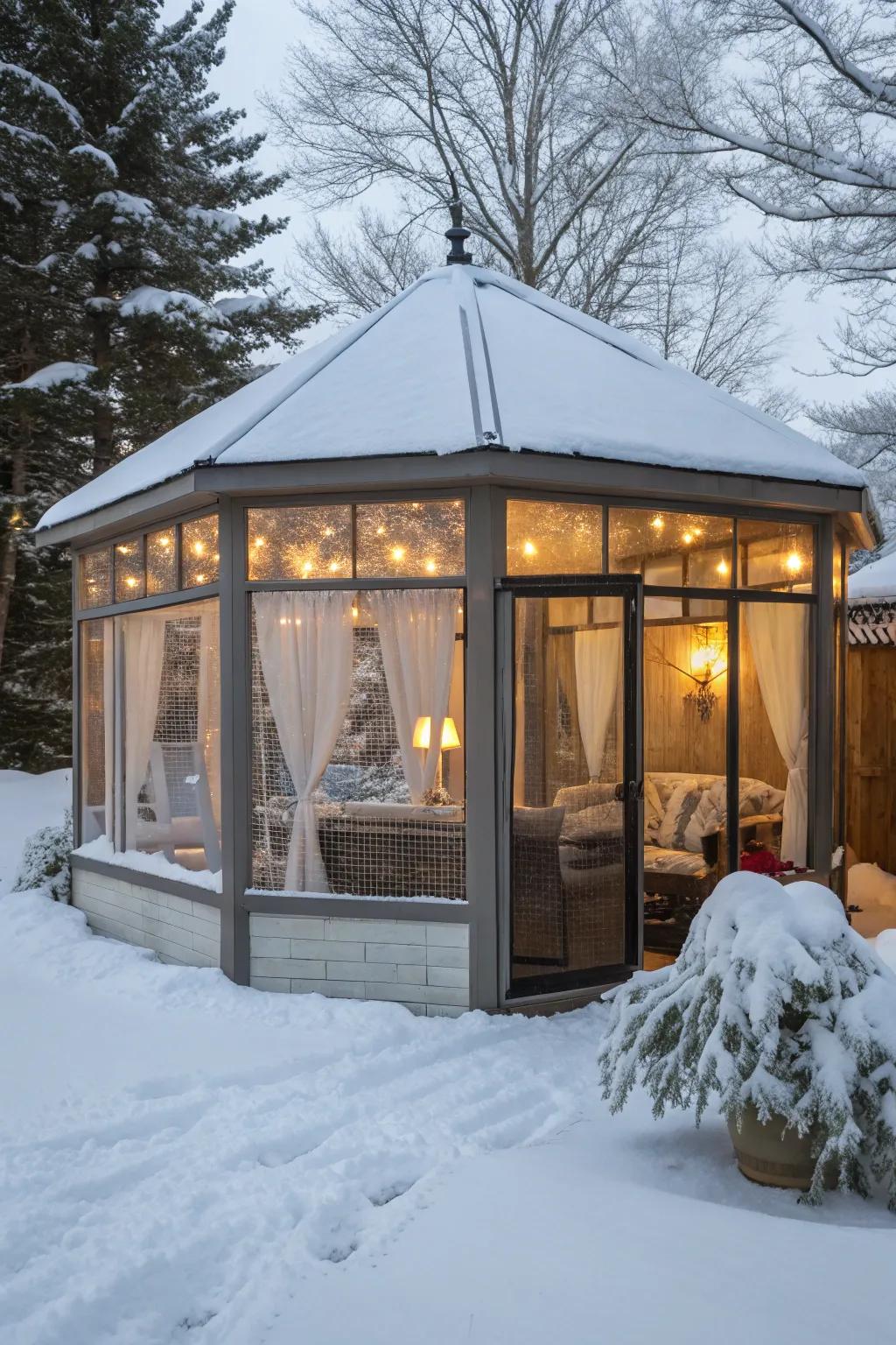 Enclose your gazebo with clear panels for a warm, protected view of the winter wonderland.