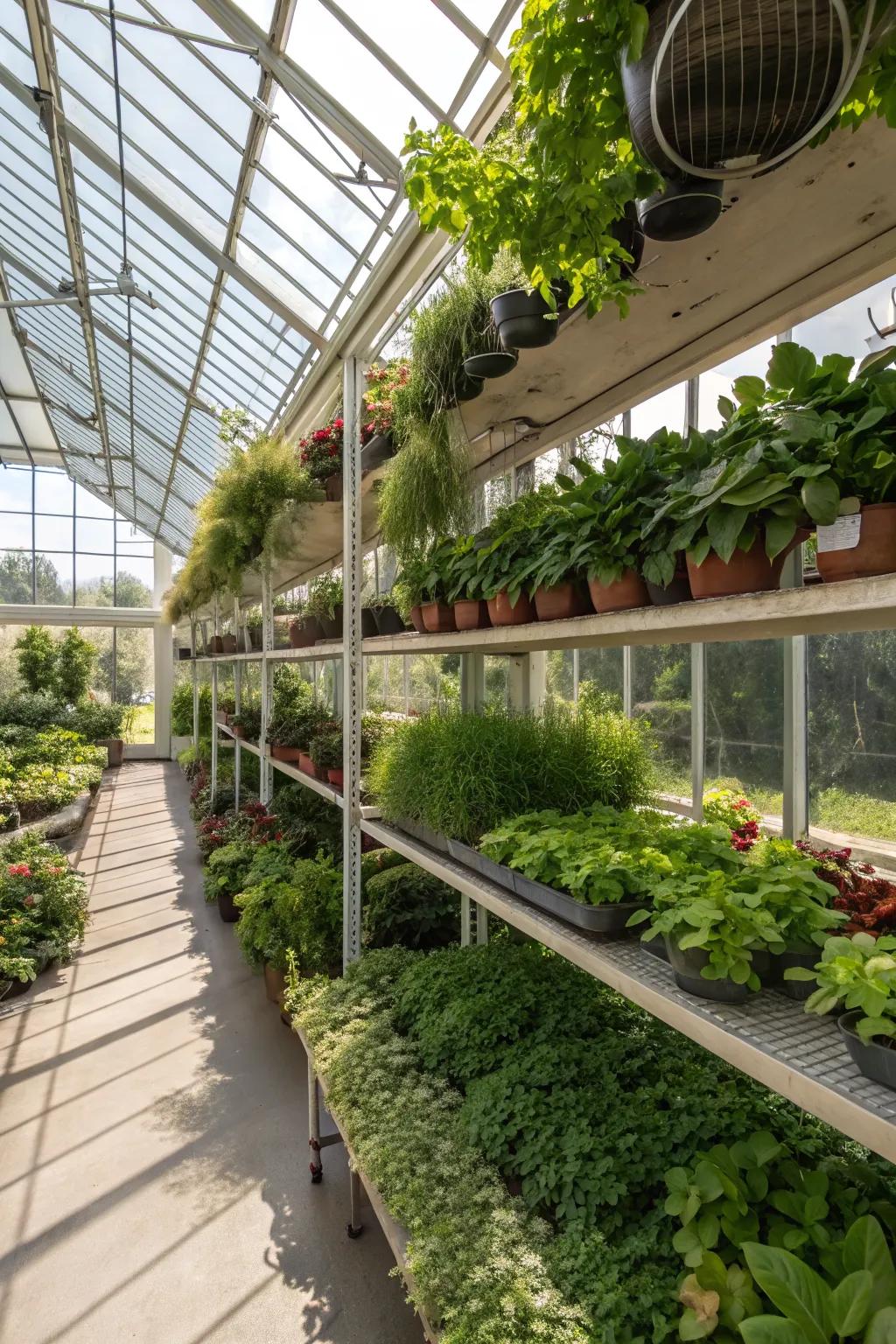 Vertical gardening inside a winter greenhouse.