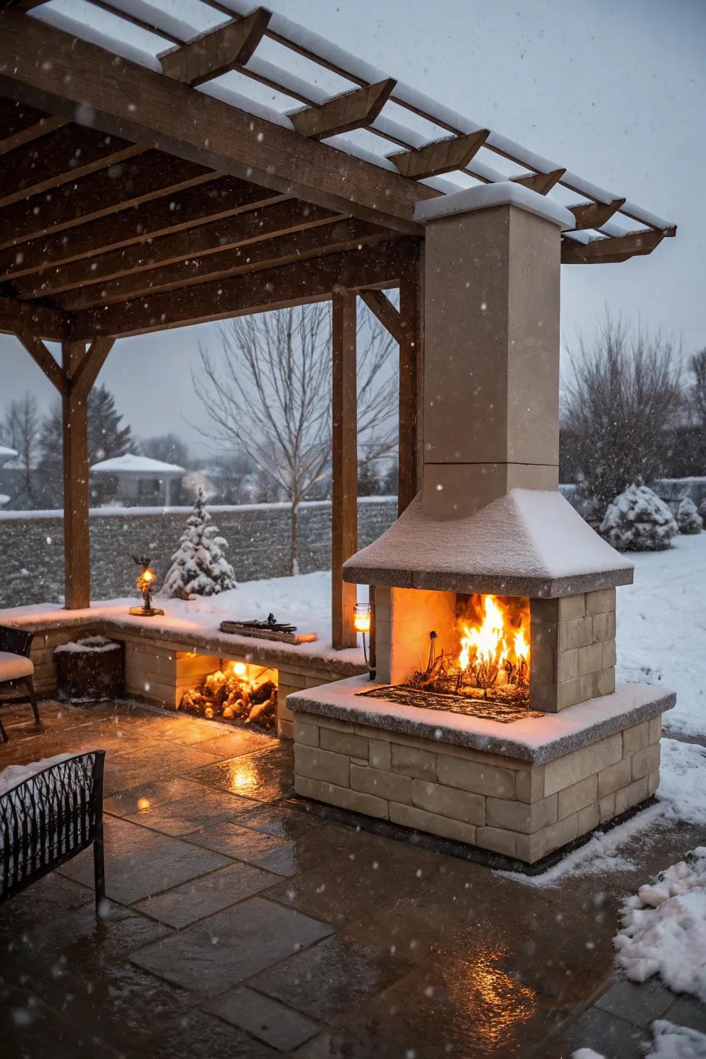 A crackling fireplace brings warmth to a winter pergola.