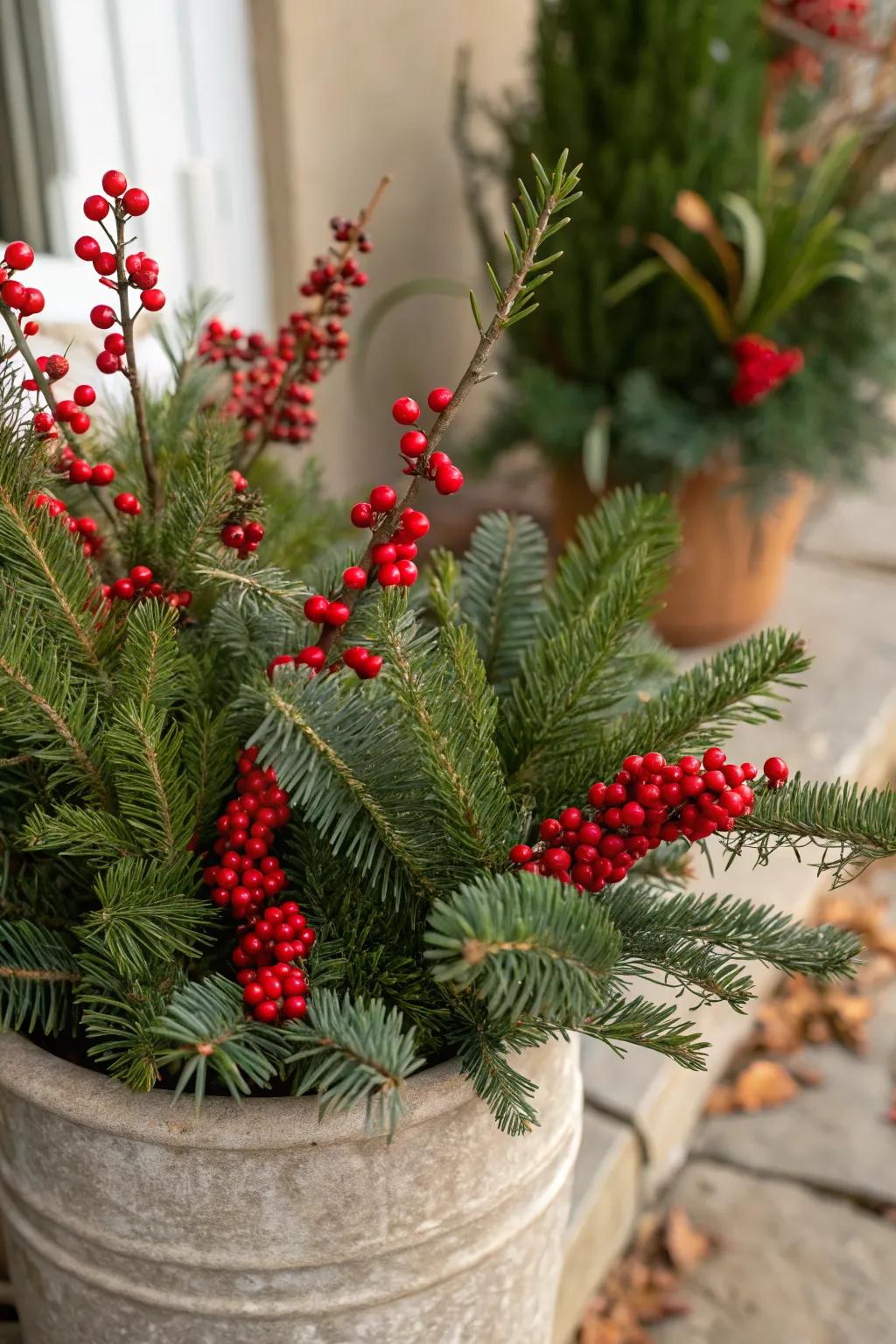 Red berries provide a vibrant contrast in winter pots.