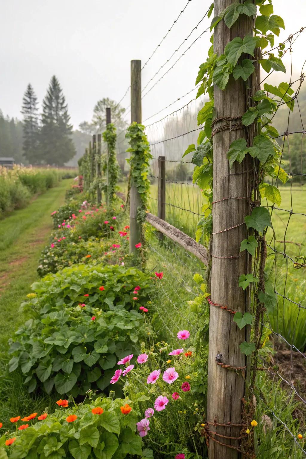 Garden-friendly wire fence with wooden posts supporting lush climbing plants.