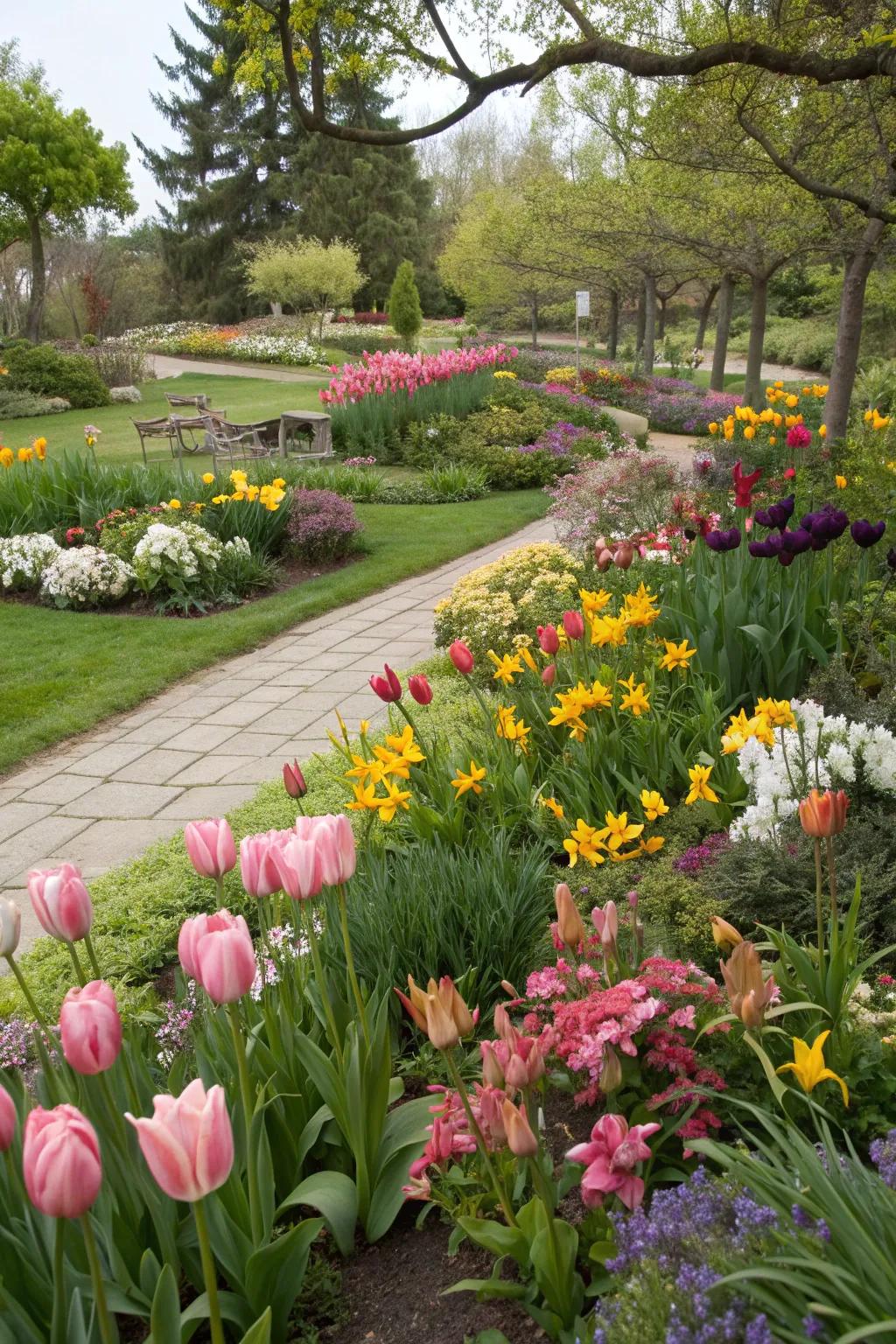 Seasonal perennials like Tulips, Daylilies, and Asters add year-round color.