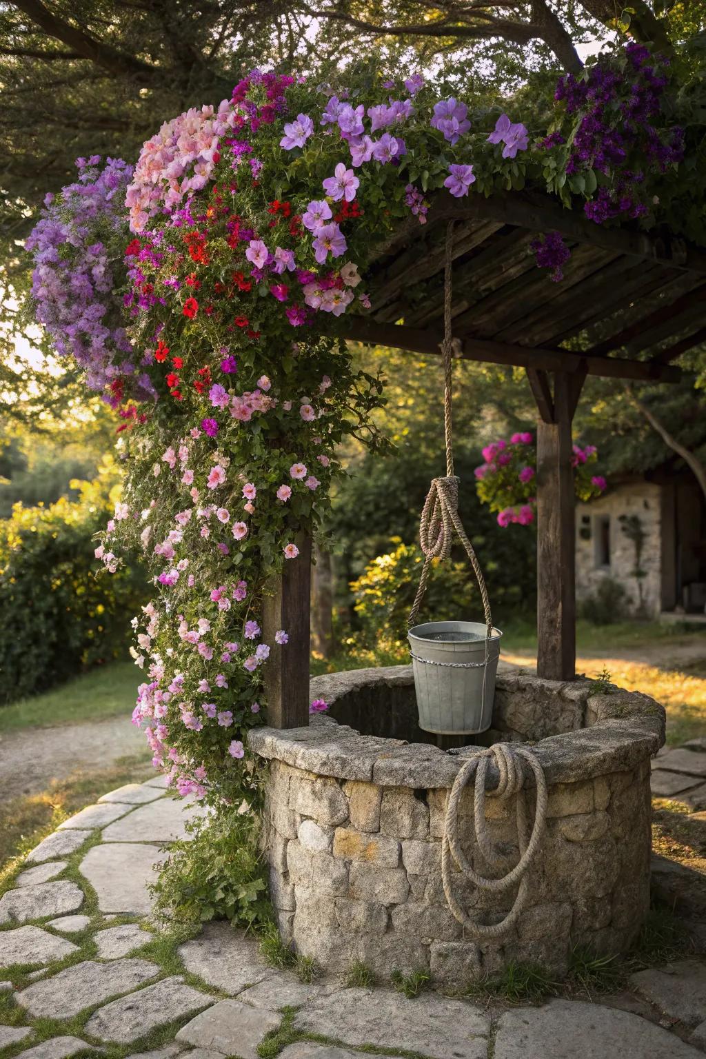 A wishing well adorned with cascading colorful flowers for a lush garden display.