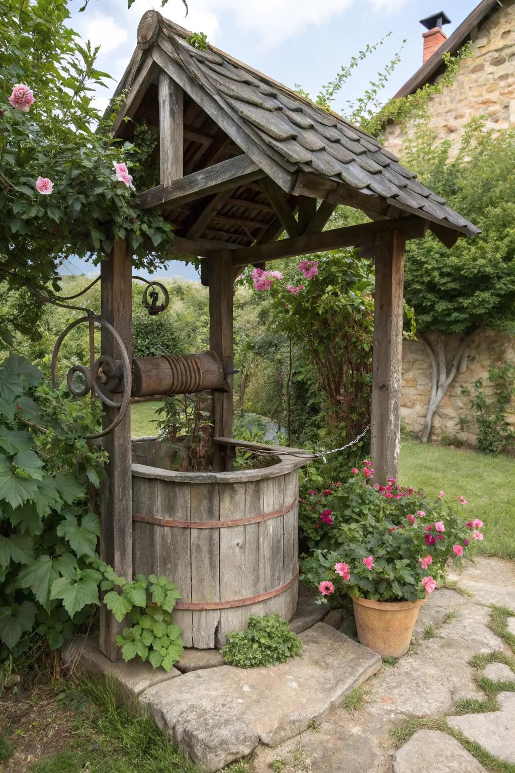 Rustic wishing wells add a touch of relaxed charm.