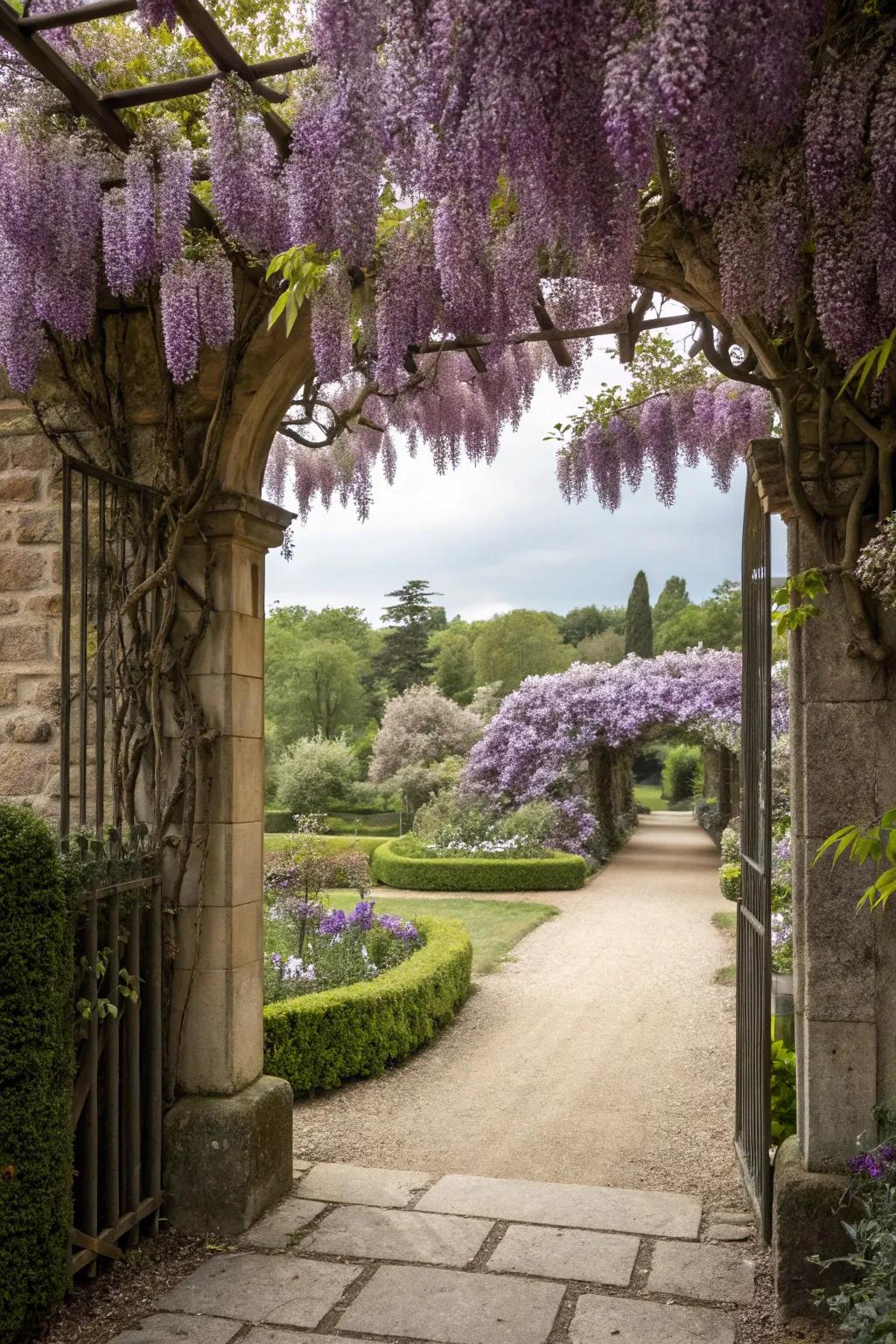 A romantic garden entrance framed with lush wisteria vines.