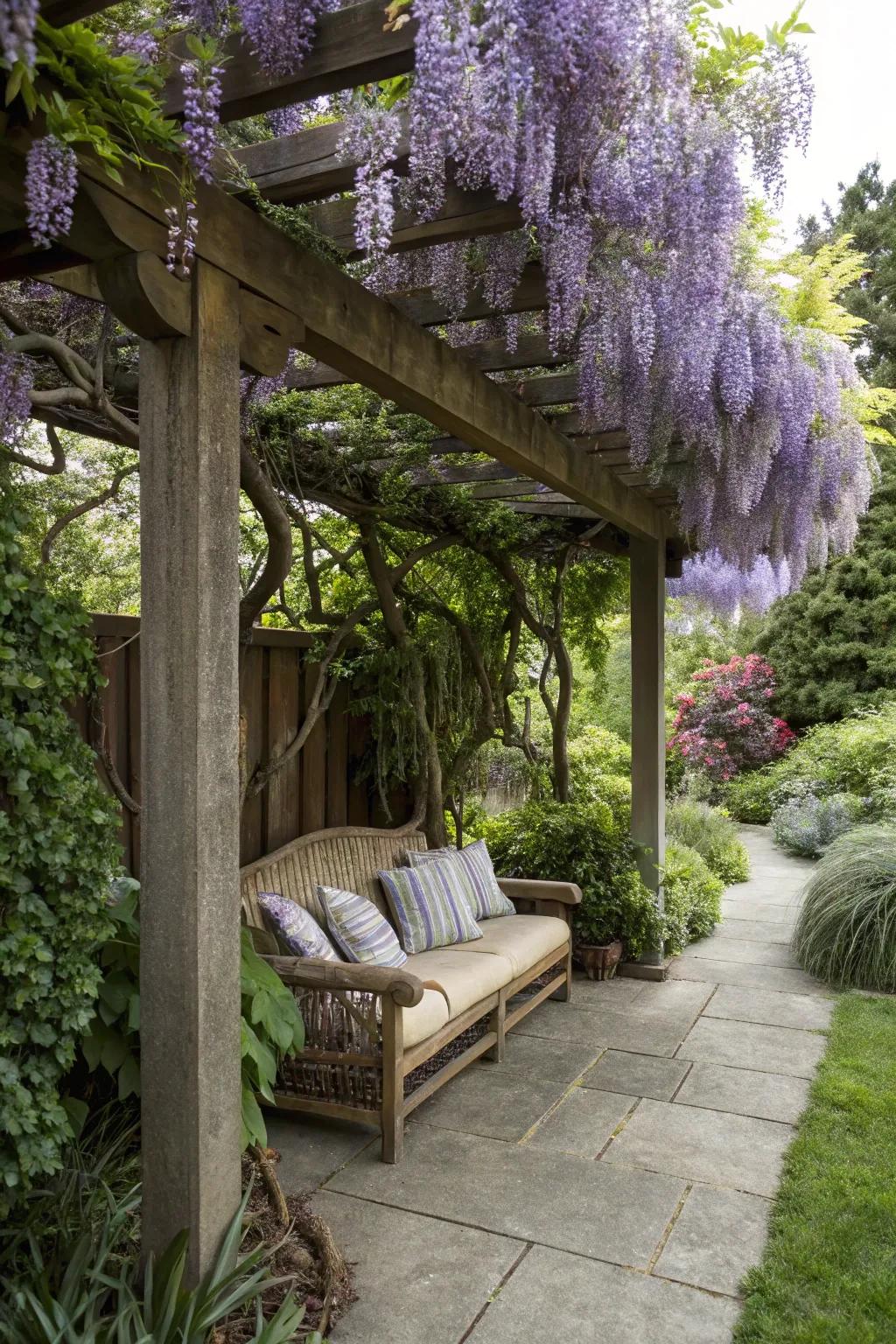 A serene relaxation nook under the soothing shade of wisteria.