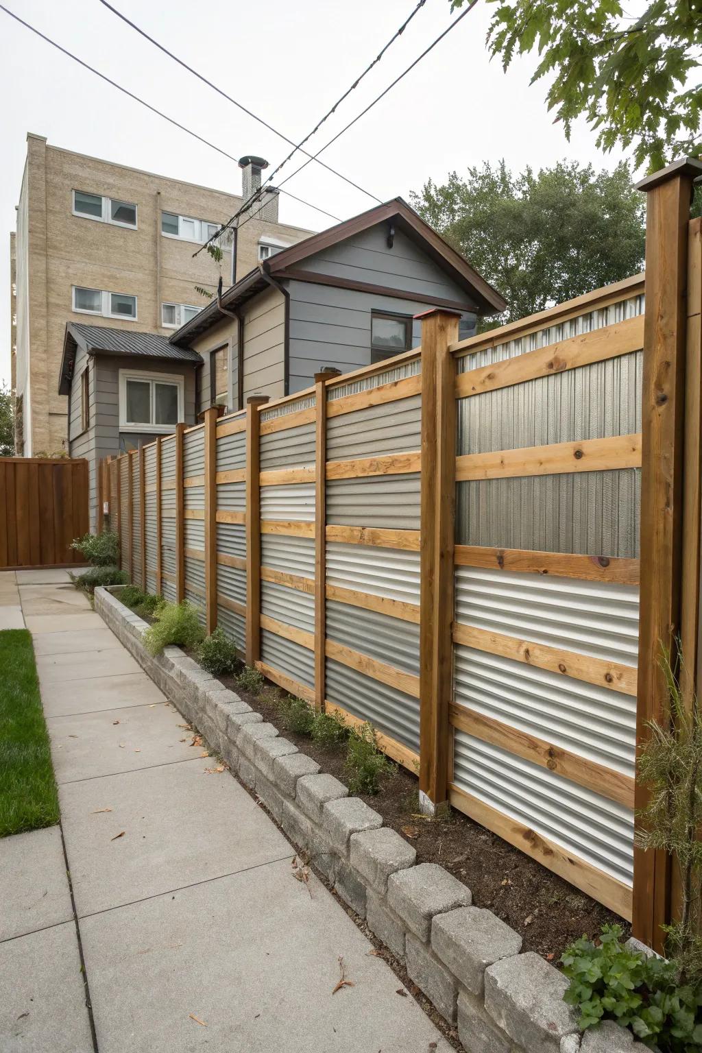 Industrial chic with the contrast of corrugated metal and wood.