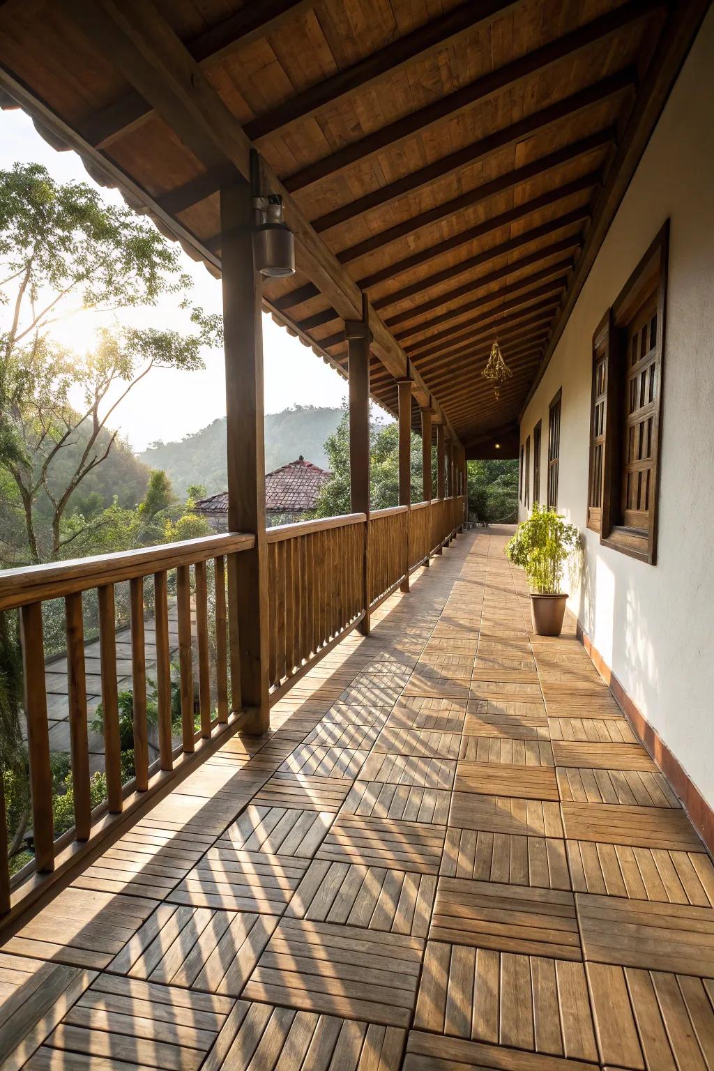 Enhance the warmth of your balcony with wooden flooring.