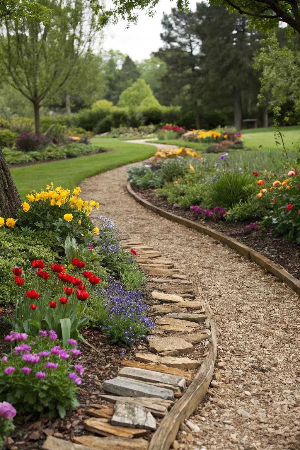 A picturesque wood chip path meandering through the garden.