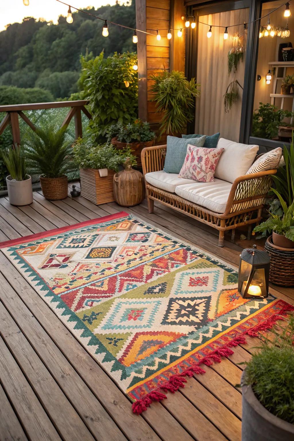 Outdoor rugs add color and comfort to your deck.