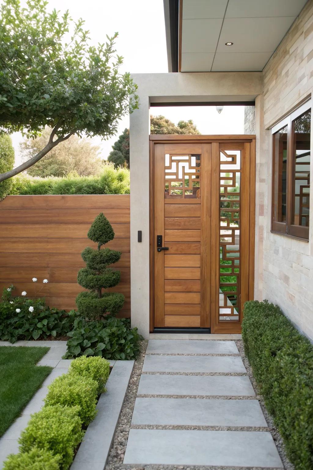 Geometric patterns create a modern look for this wooden gate.