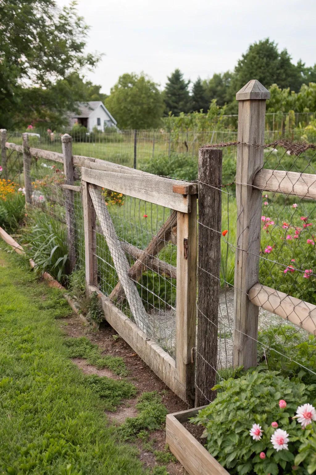 Rustic farmhouse-style wood and wire mesh fence adding charm to the garden.