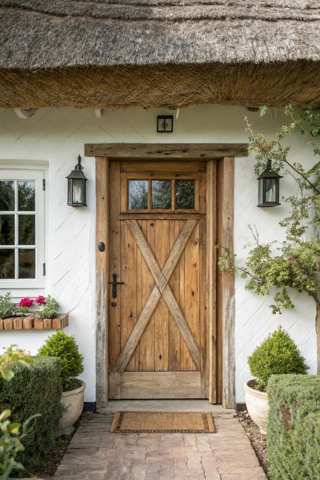 Rustic warmth with a wooden front door and X brace.