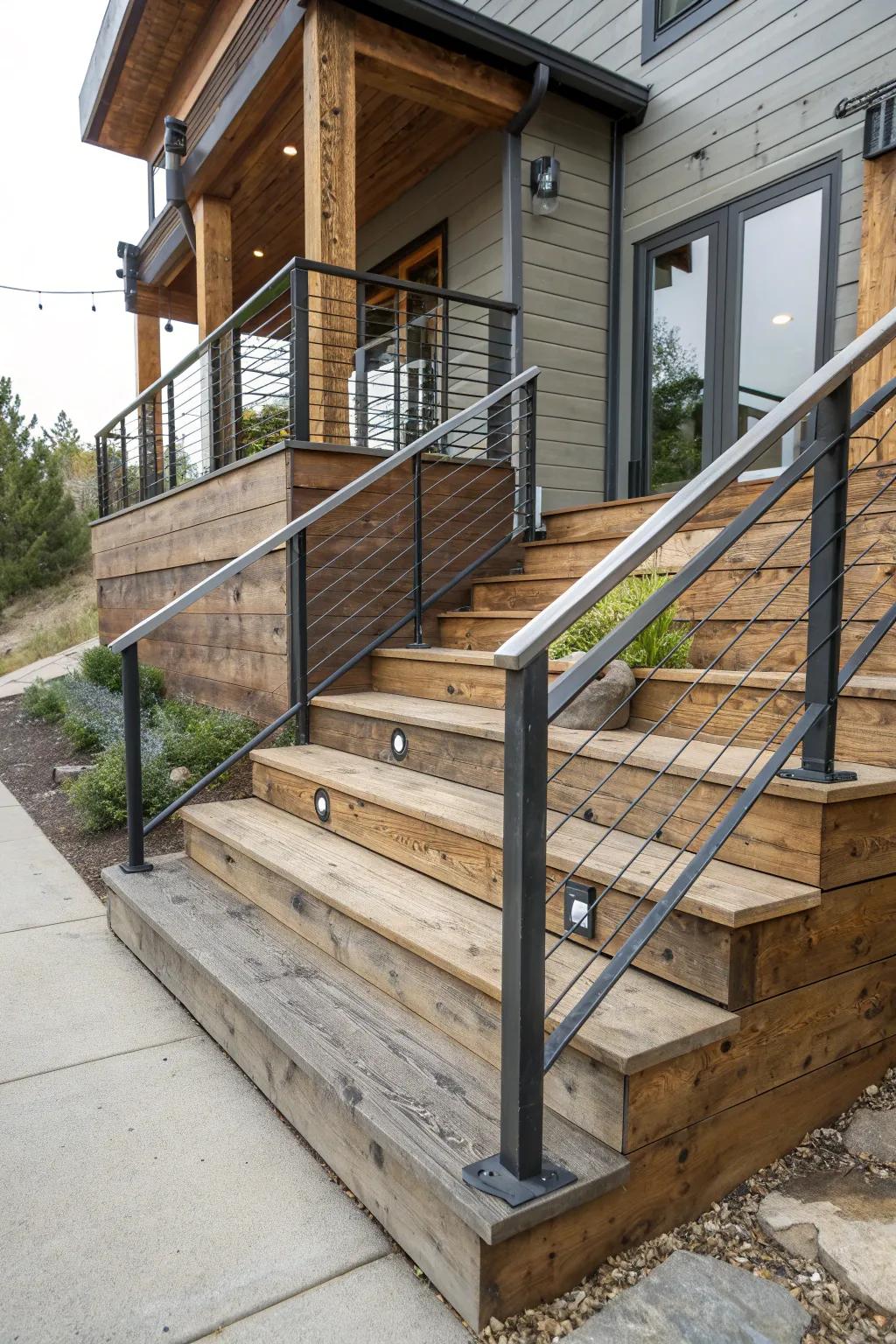 Modern railings enhance the style and safety of wooden steps.
