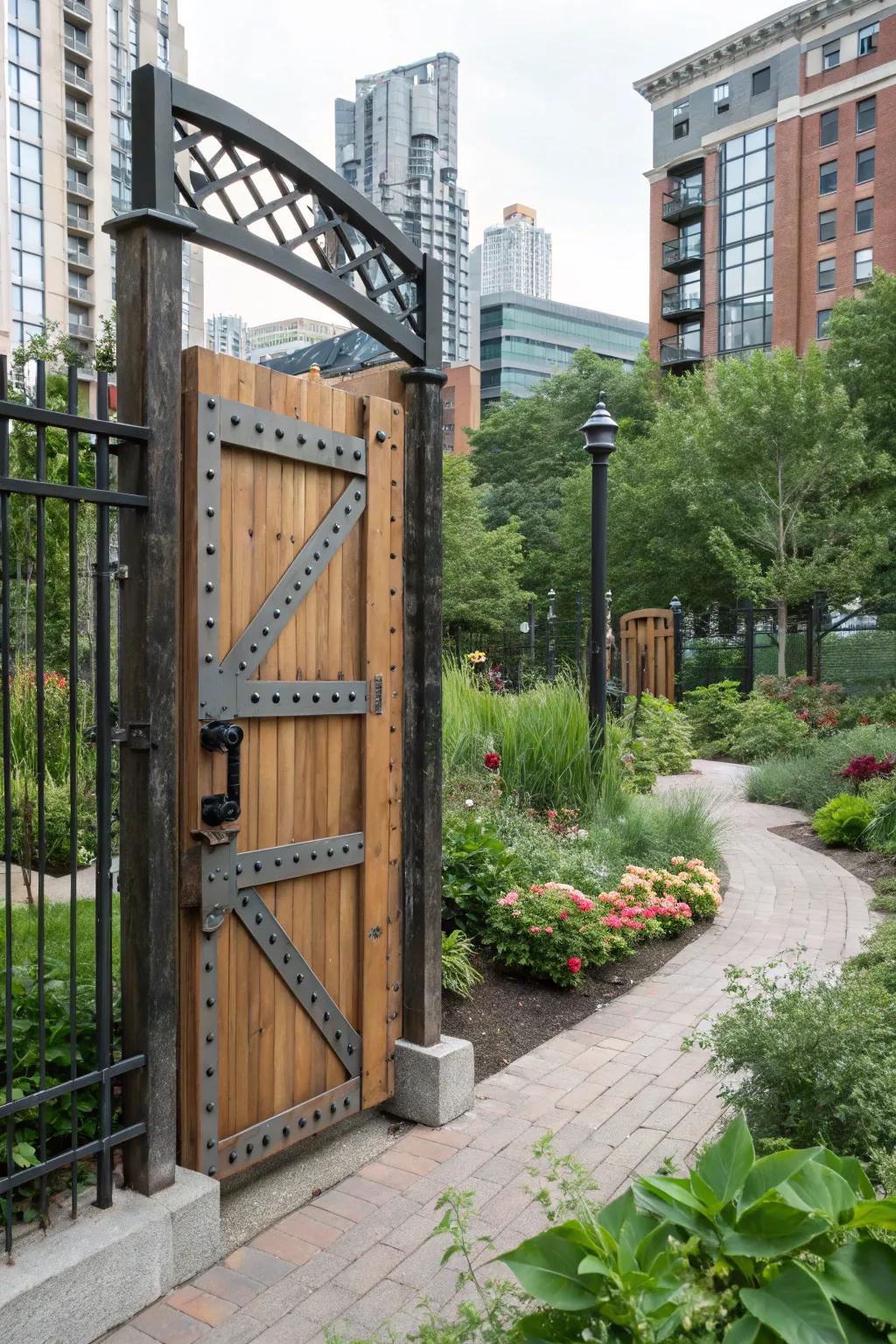 A wooden gate with metal accents, blending rustic charm with industrial style.