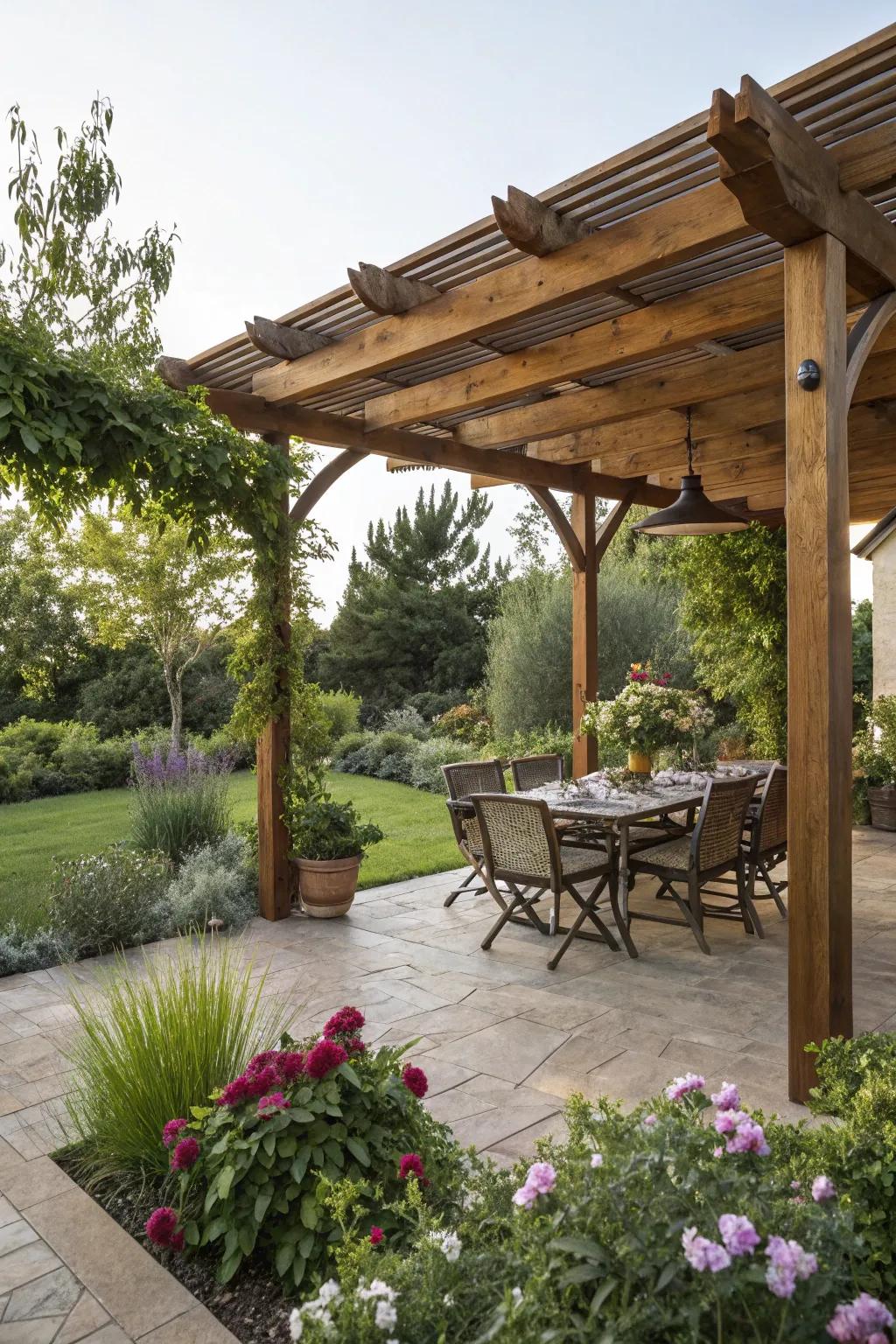 Enjoy meals under a stylish wood patio cover dining area.