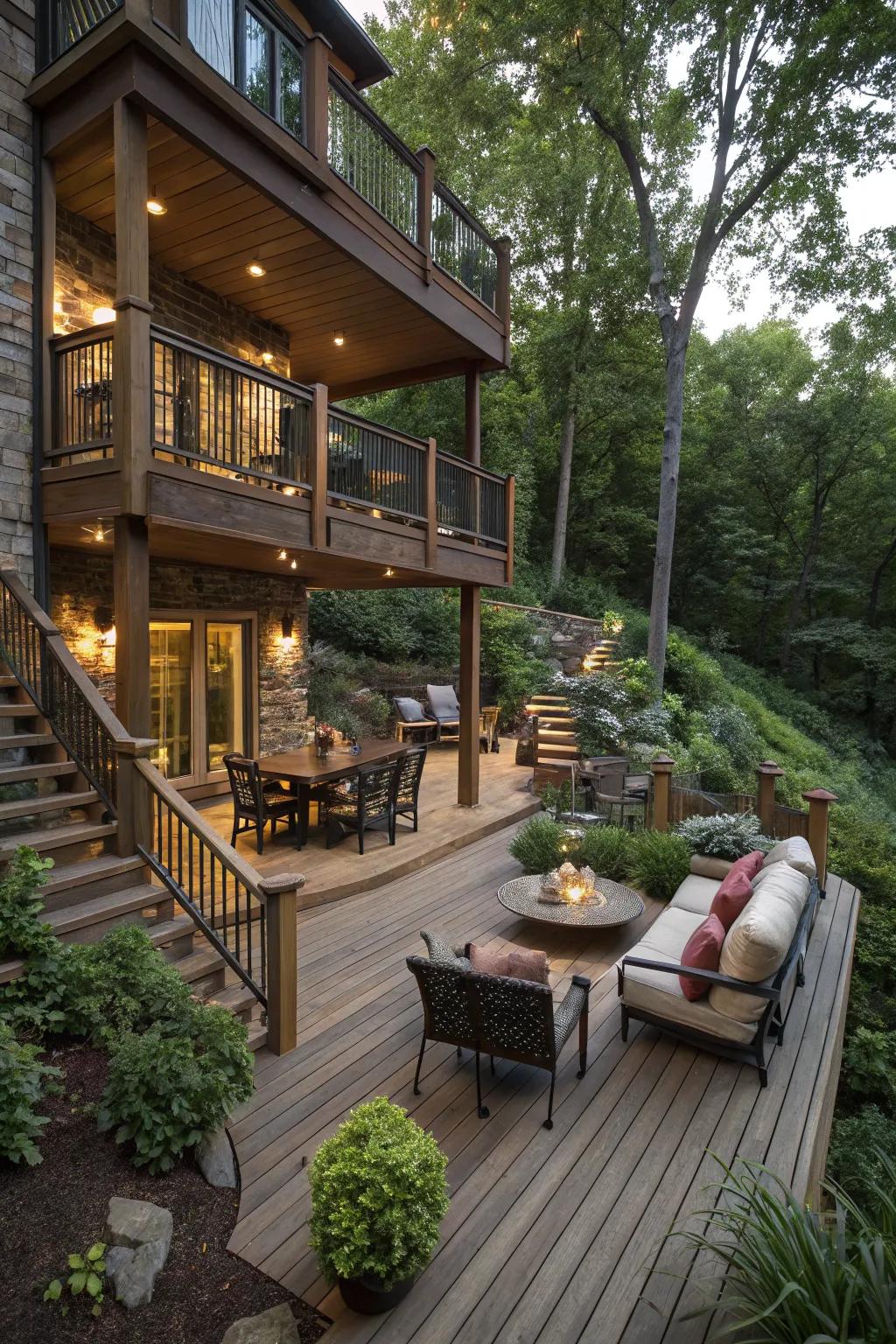 A sophisticated multi-level wooden patio deck.