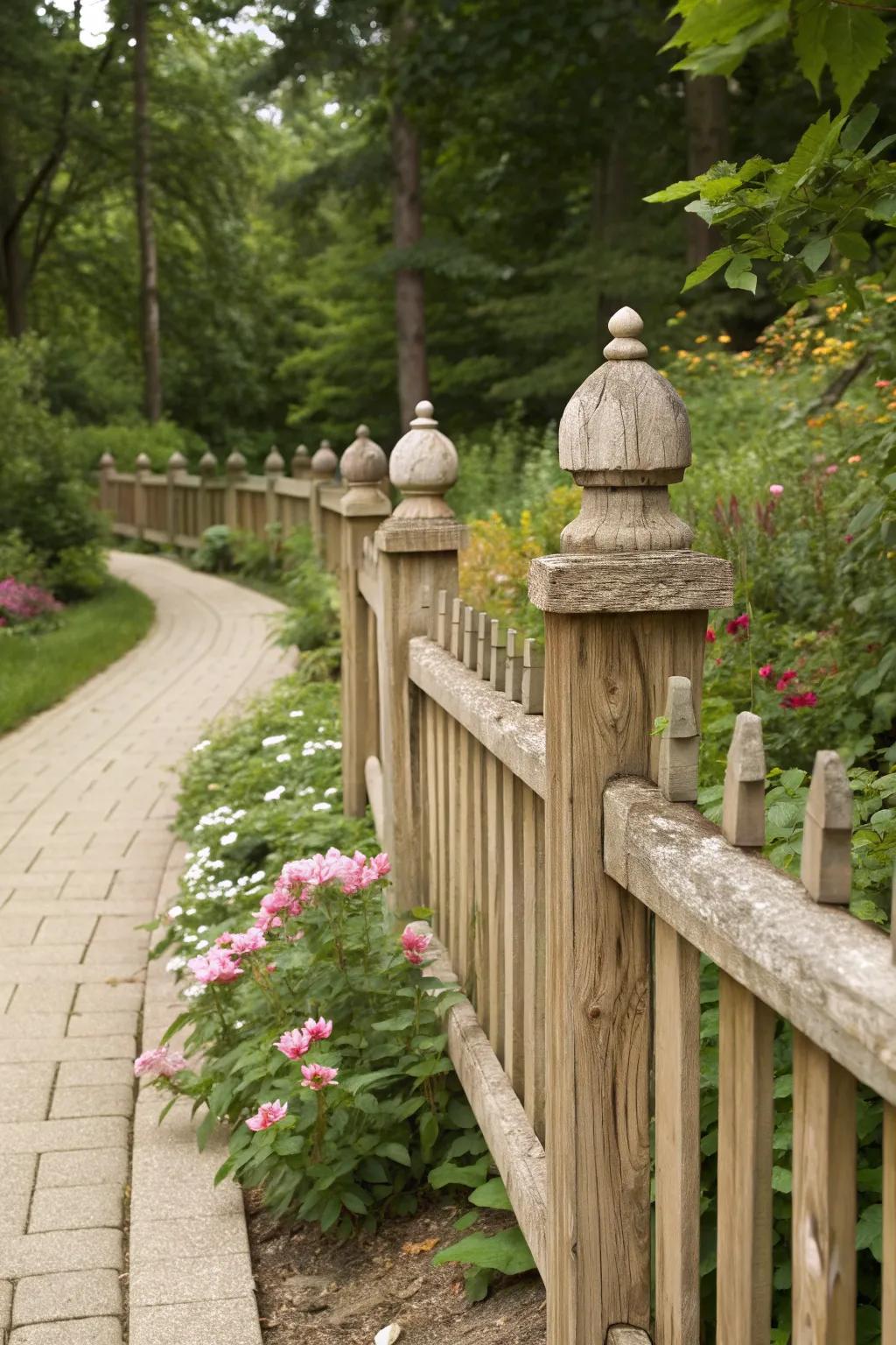 Decorative post caps enhance the elegance of this picket fence.