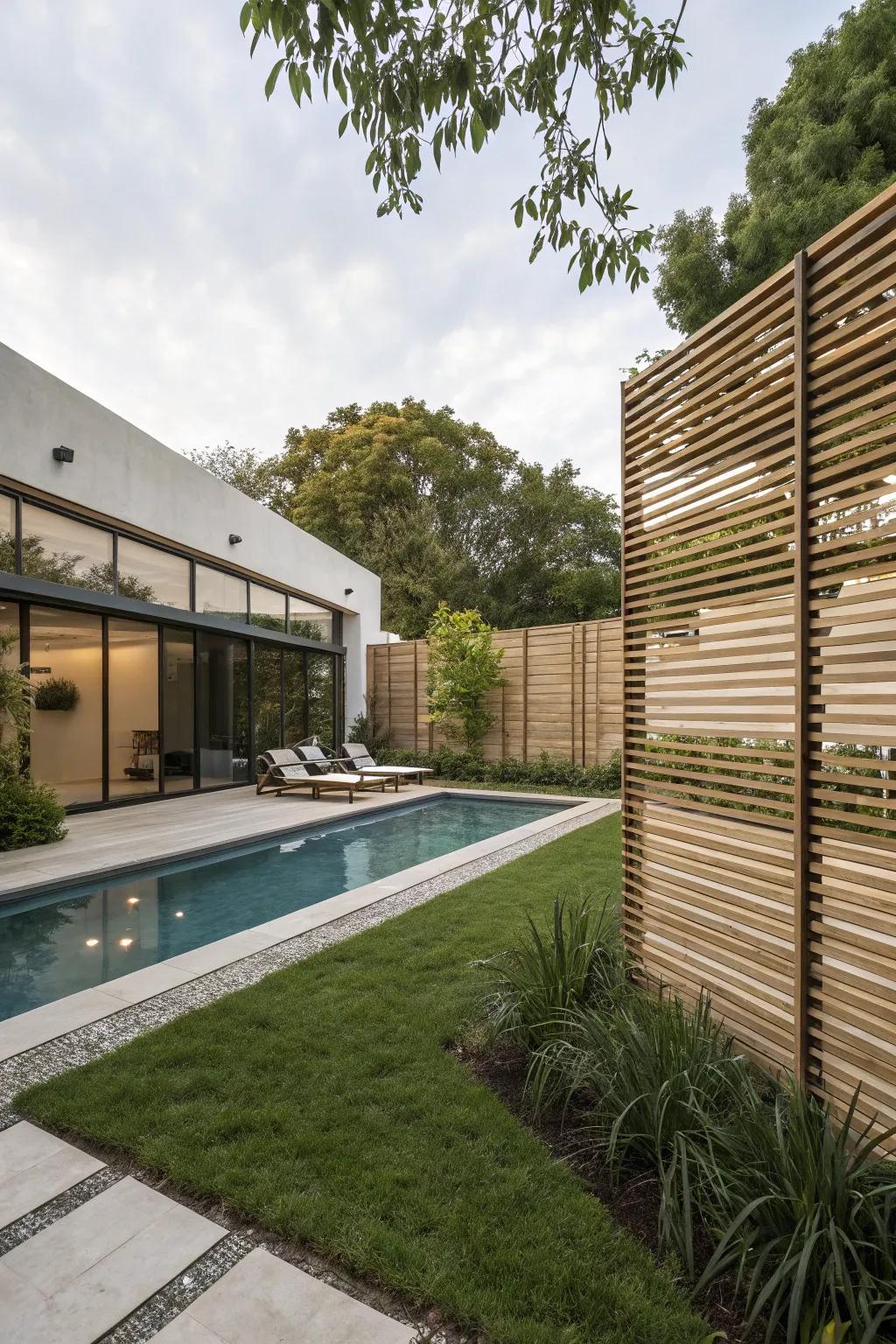 Horizontal wooden slats offer a modern and sleek appearance.