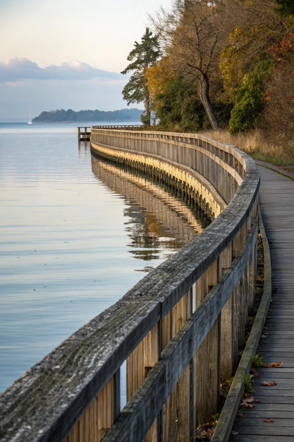 Curved elegance: a wooden seawall that adds a graceful touch to the waterfront.