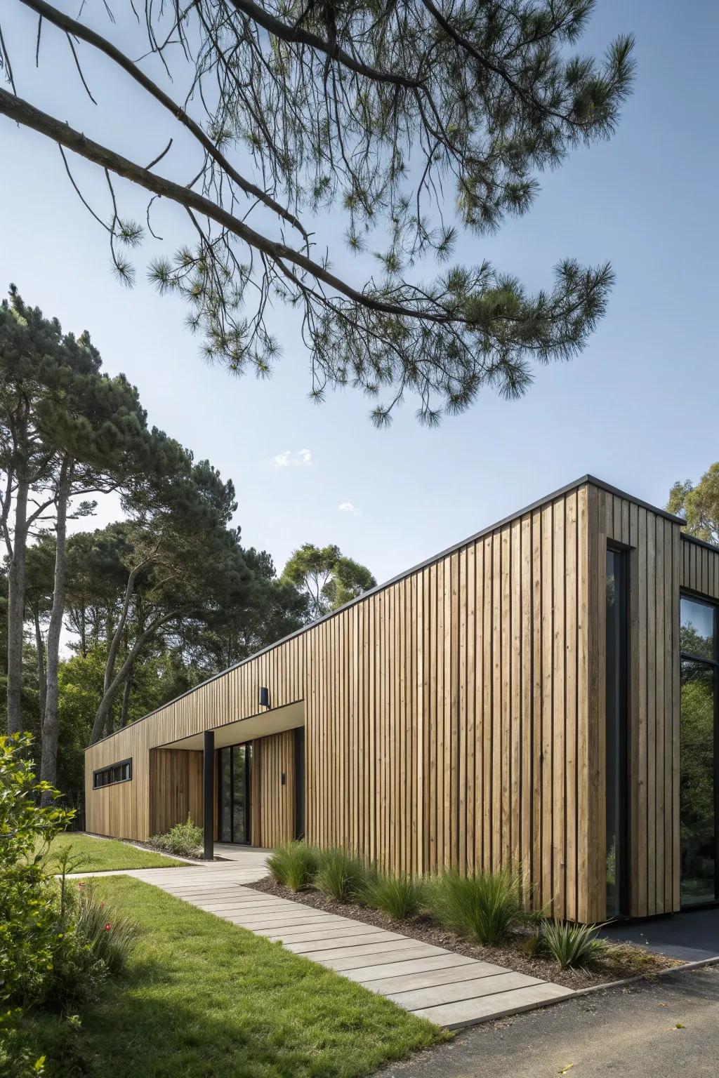 Vertical wood panels offer a sleek, modern aesthetic.