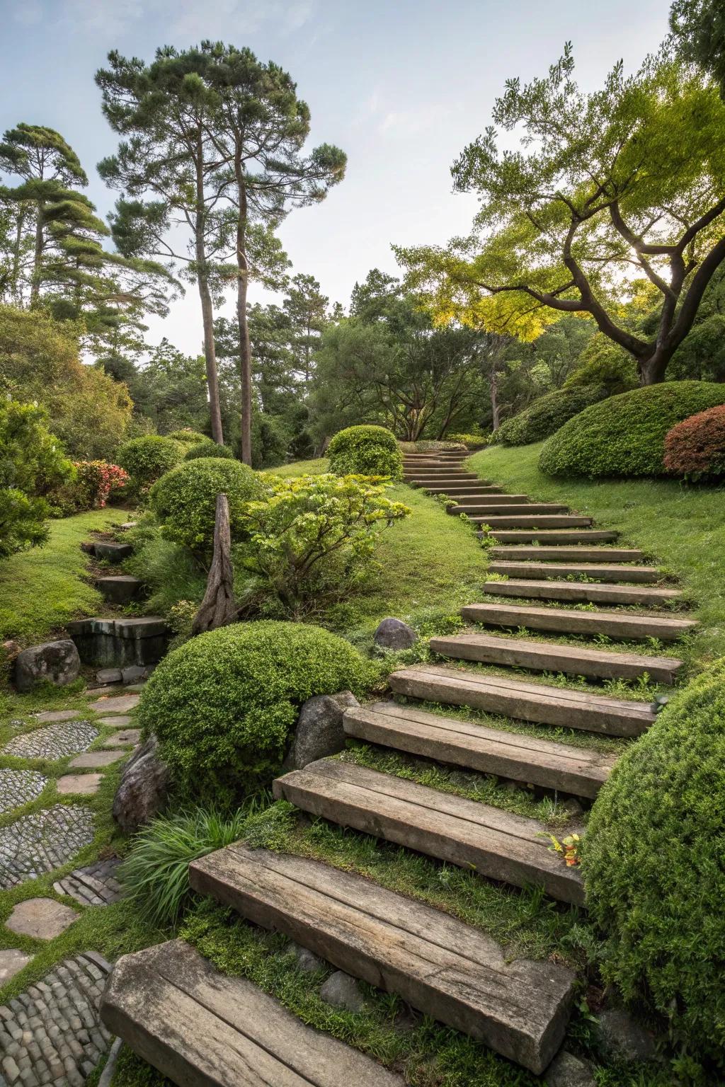 Floating wooden steps adding an airy elegance to the garden.