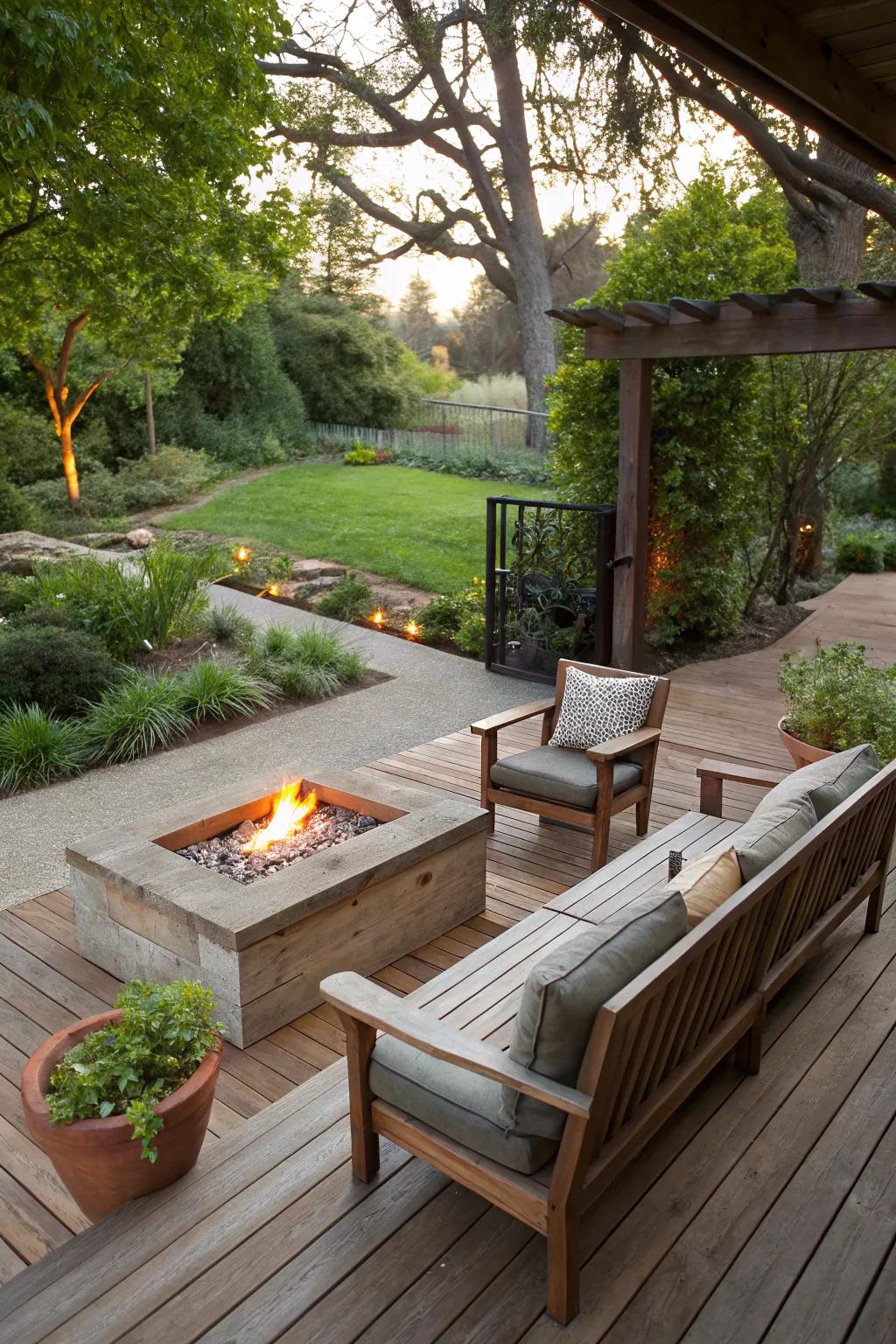 Fire pits on wooden patios create perfect gathering spots.