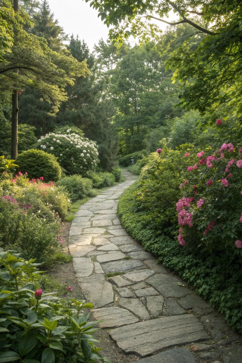 A stone pathway meanders through the lush greenery, inviting exploration.